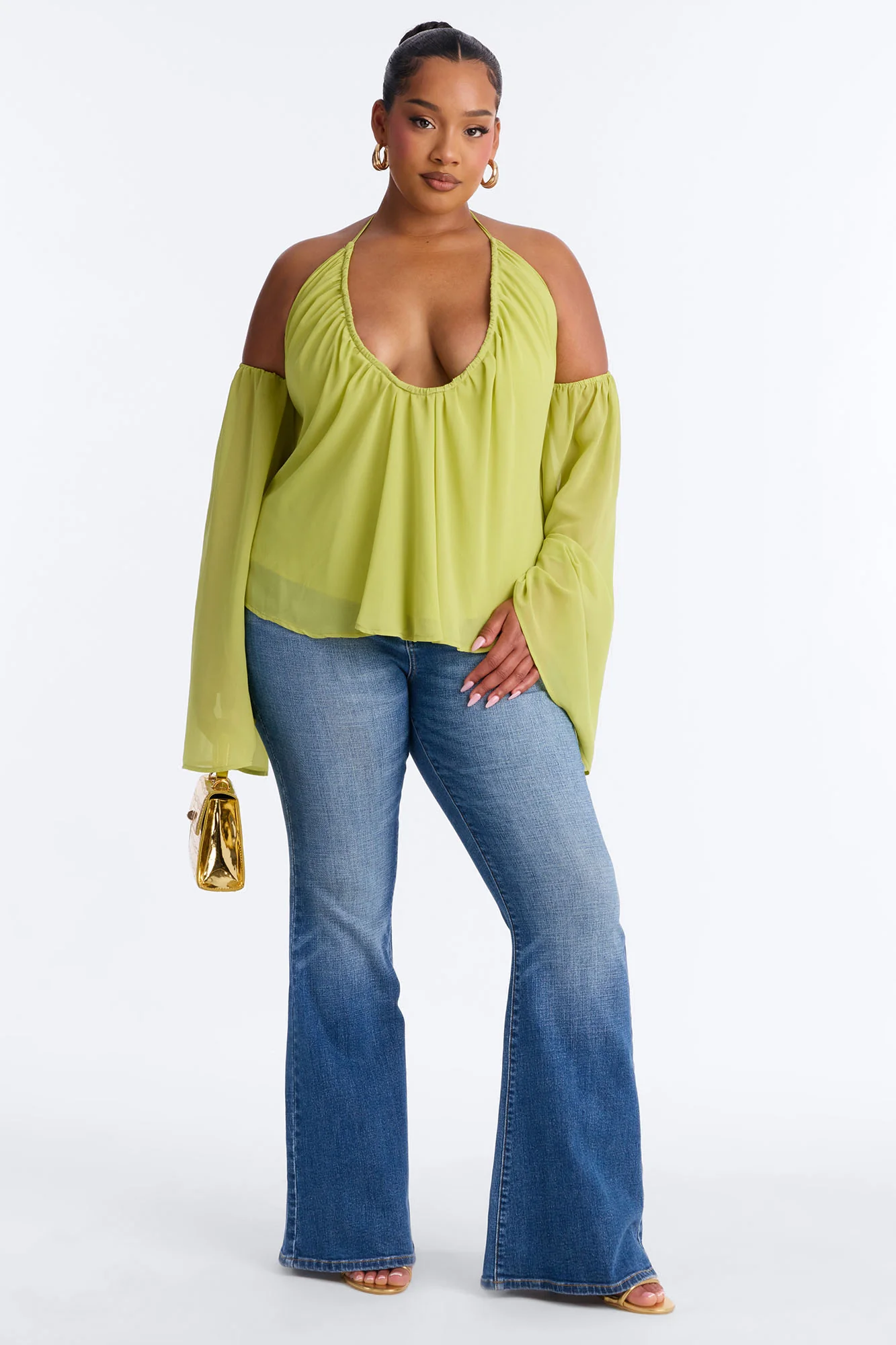 Maren Cold Shoulder Chiffon Blouse - Chartreuse - Image 5