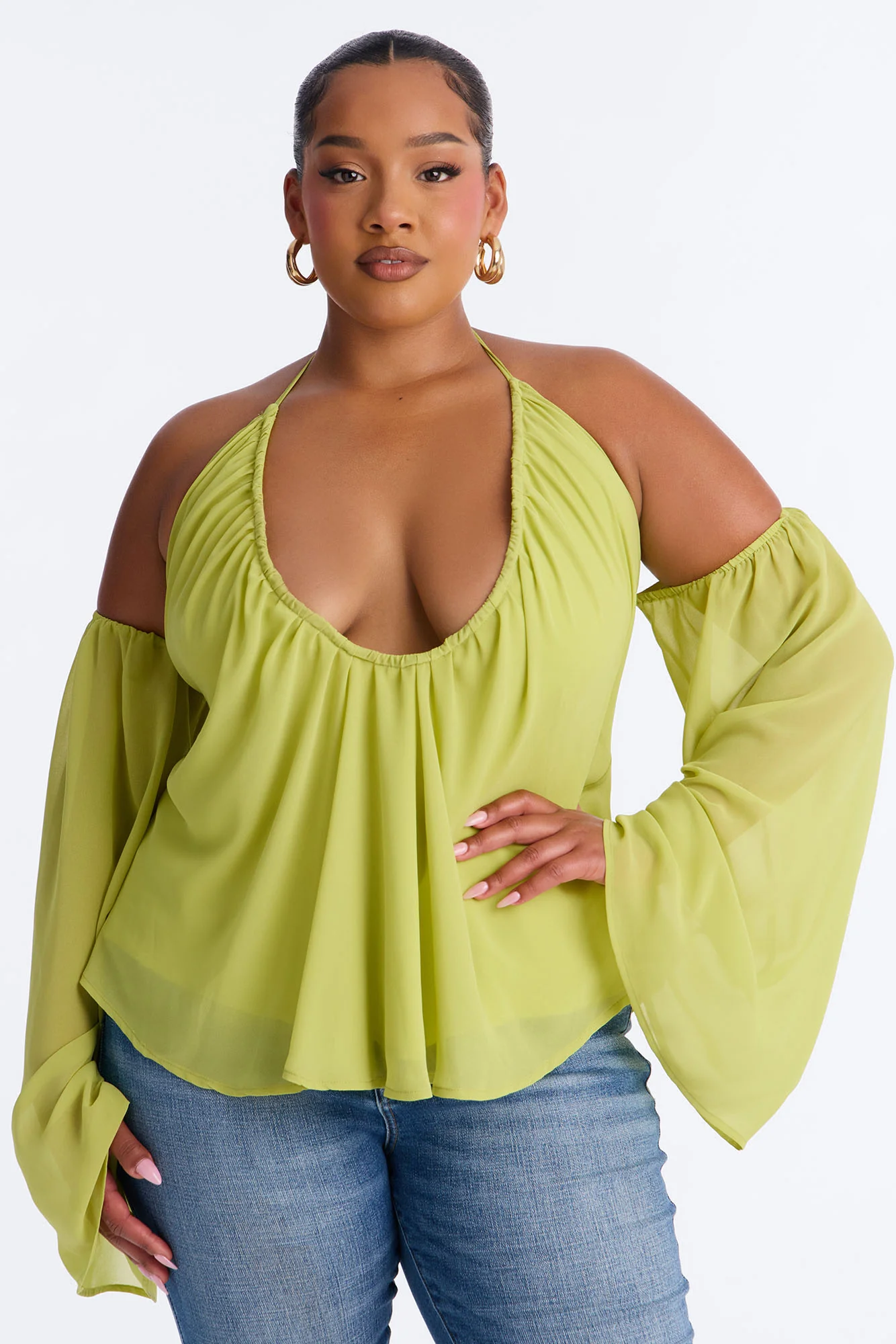 Maren Cold Shoulder Chiffon Blouse - Chartreuse - Image 6