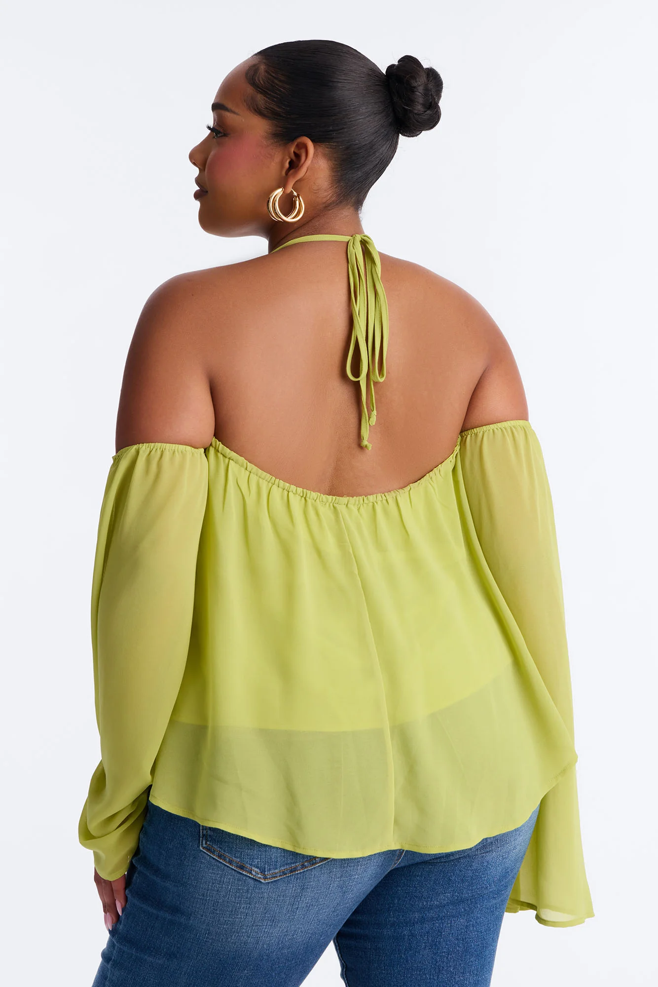 Maren Cold Shoulder Chiffon Blouse - Chartreuse - Image 8