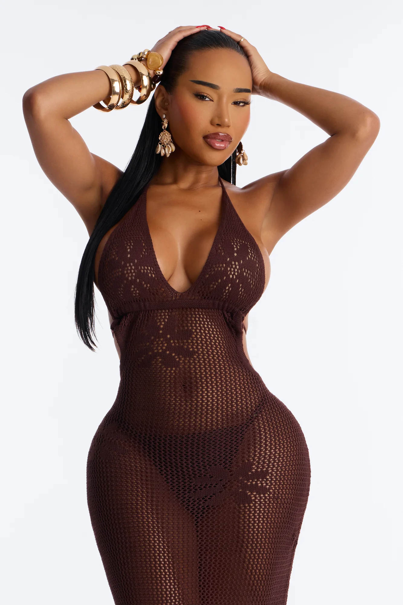 Maren Crochet Swim Cover Up Halter Maxi Dress - Dark Brown - Image 2