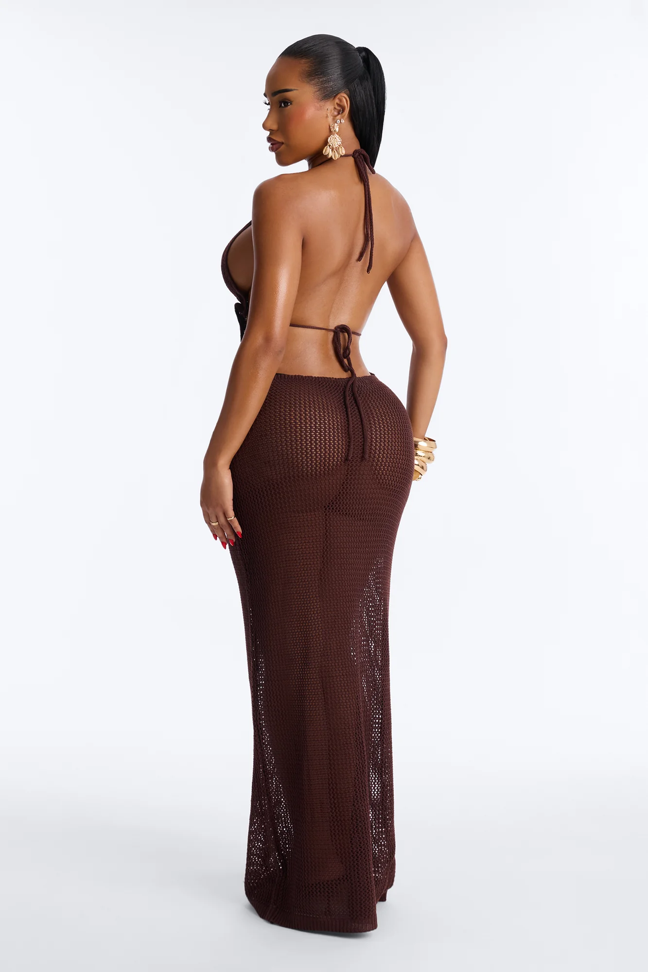 Maren Crochet Swim Cover Up Halter Maxi Dress - Dark Brown - Image 4