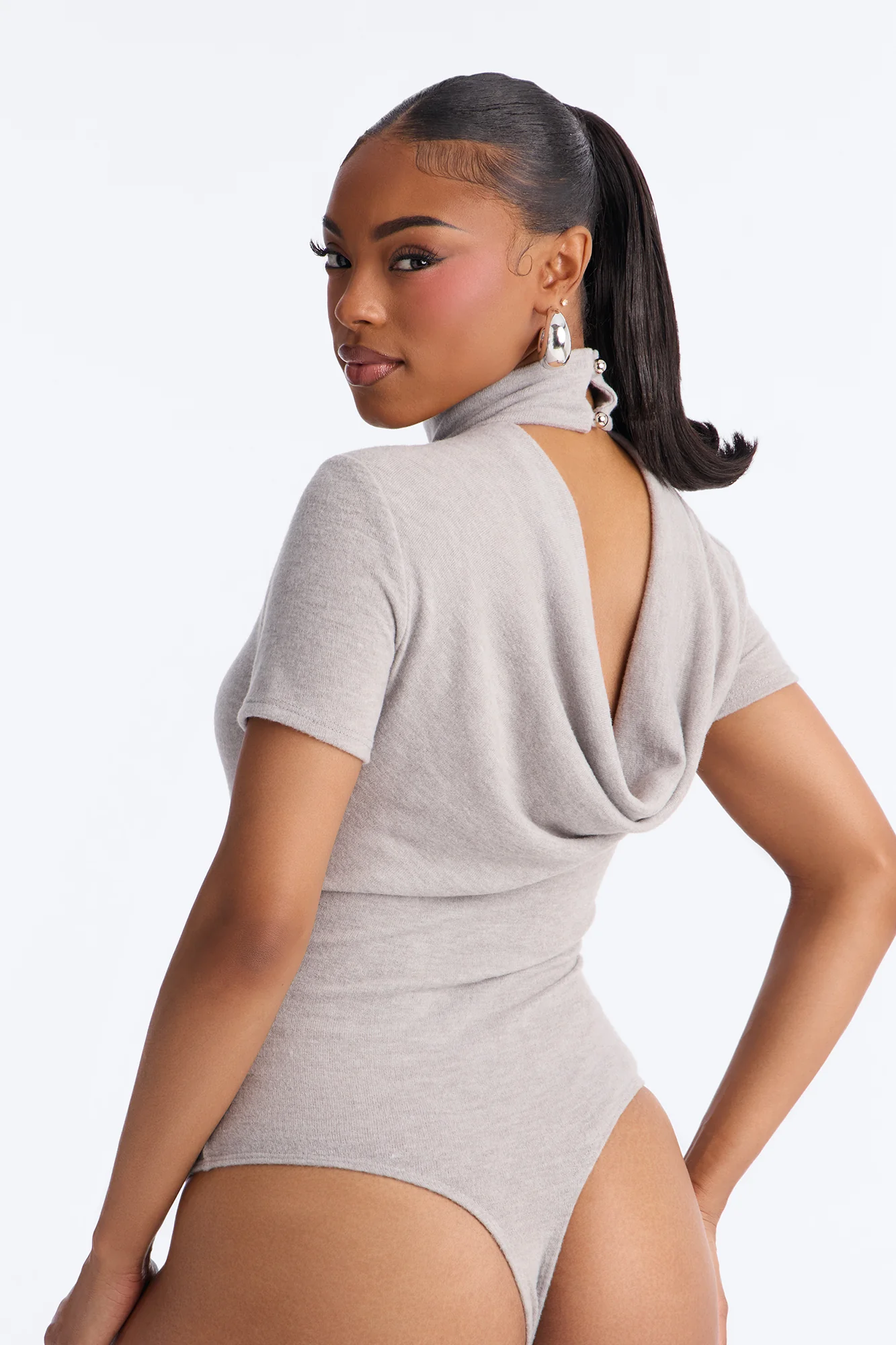 Marenna Mock Neck Short Sleeve Hacci Bodysuit - Grey