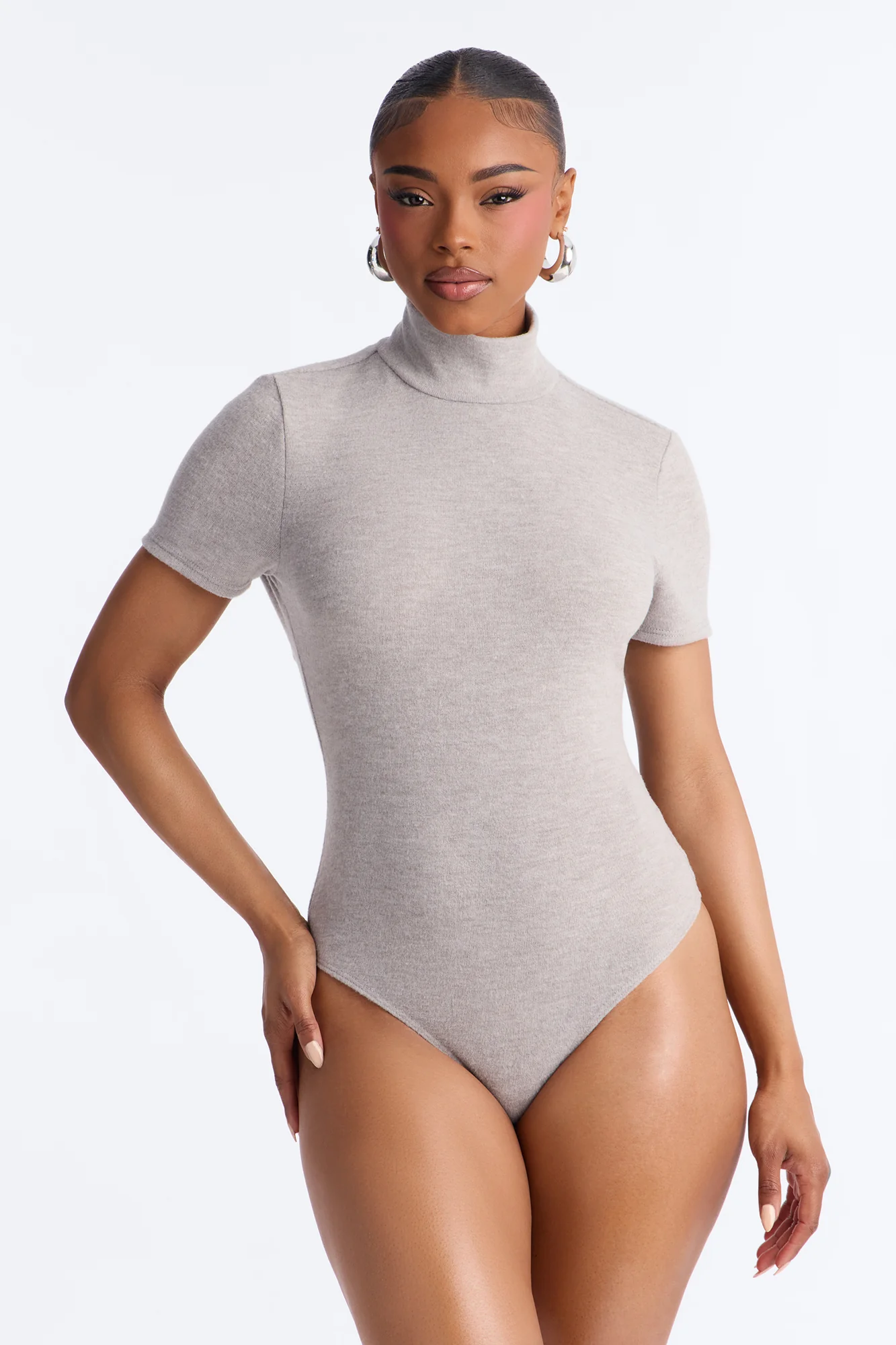Marenna Mock Neck Short Sleeve Hacci Bodysuit - Grey - Image 3