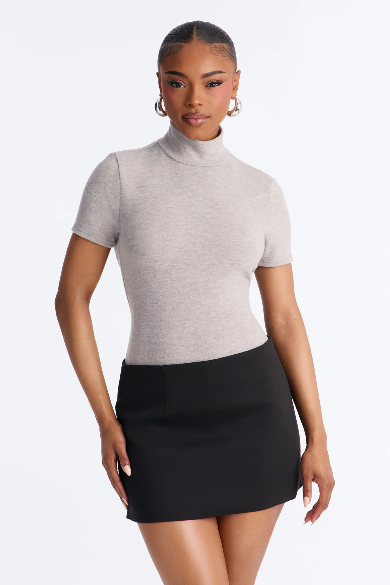 Marenna Mock Neck Short Sleeve Hacci Bodysuit - Grey - Image 4