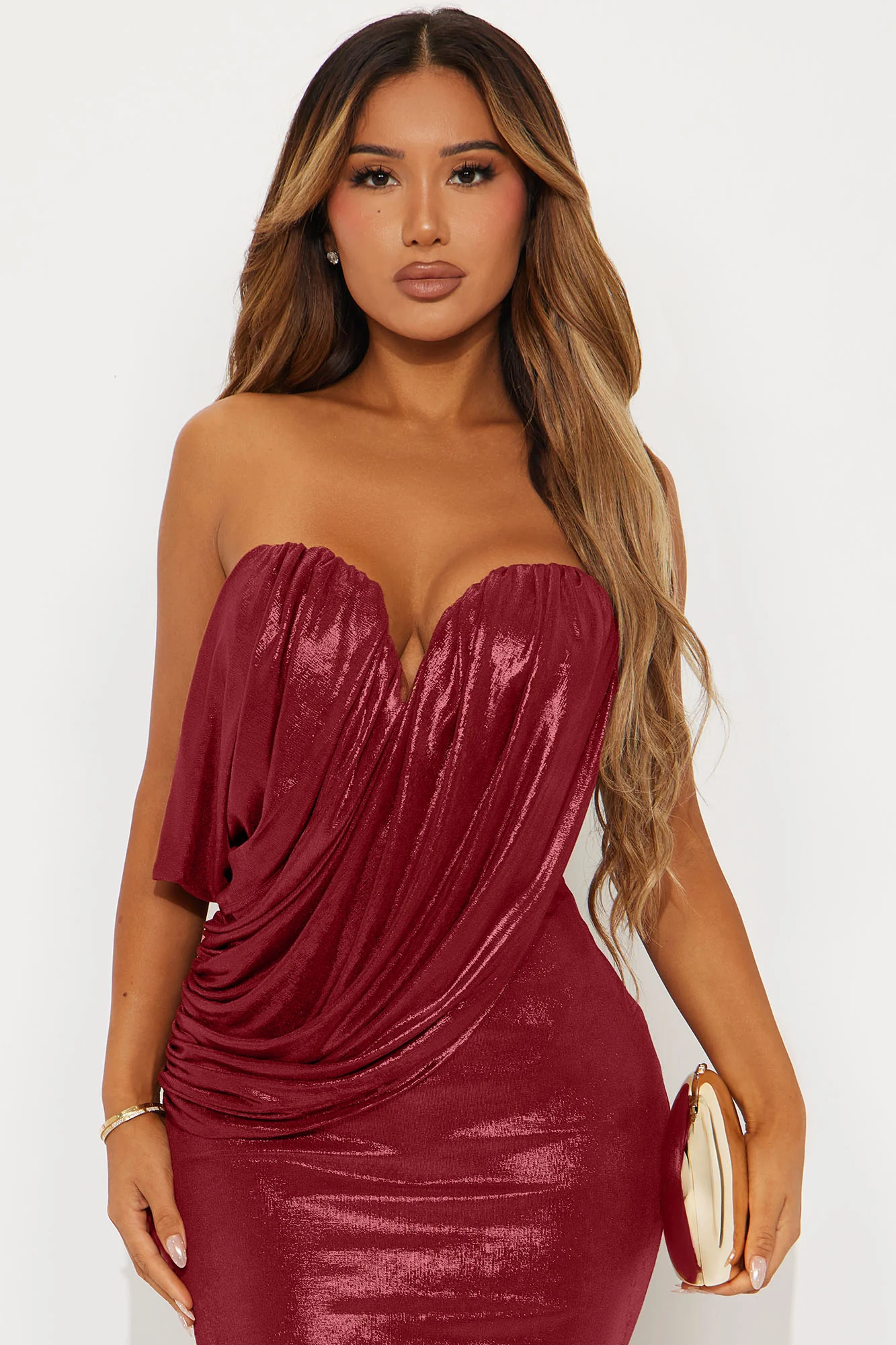 Margaret Metallic Draped Gown - Red - Image 2