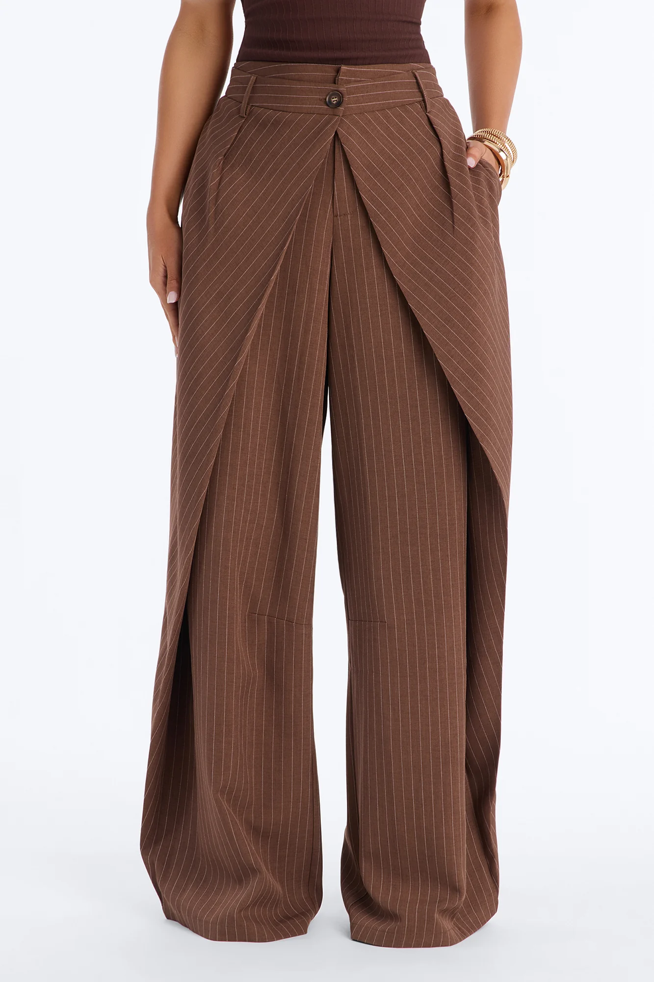 Margaret Mid Rise Wide Leg Front Wrap Trouser Pant 33″ - Brown Combo - Image 2