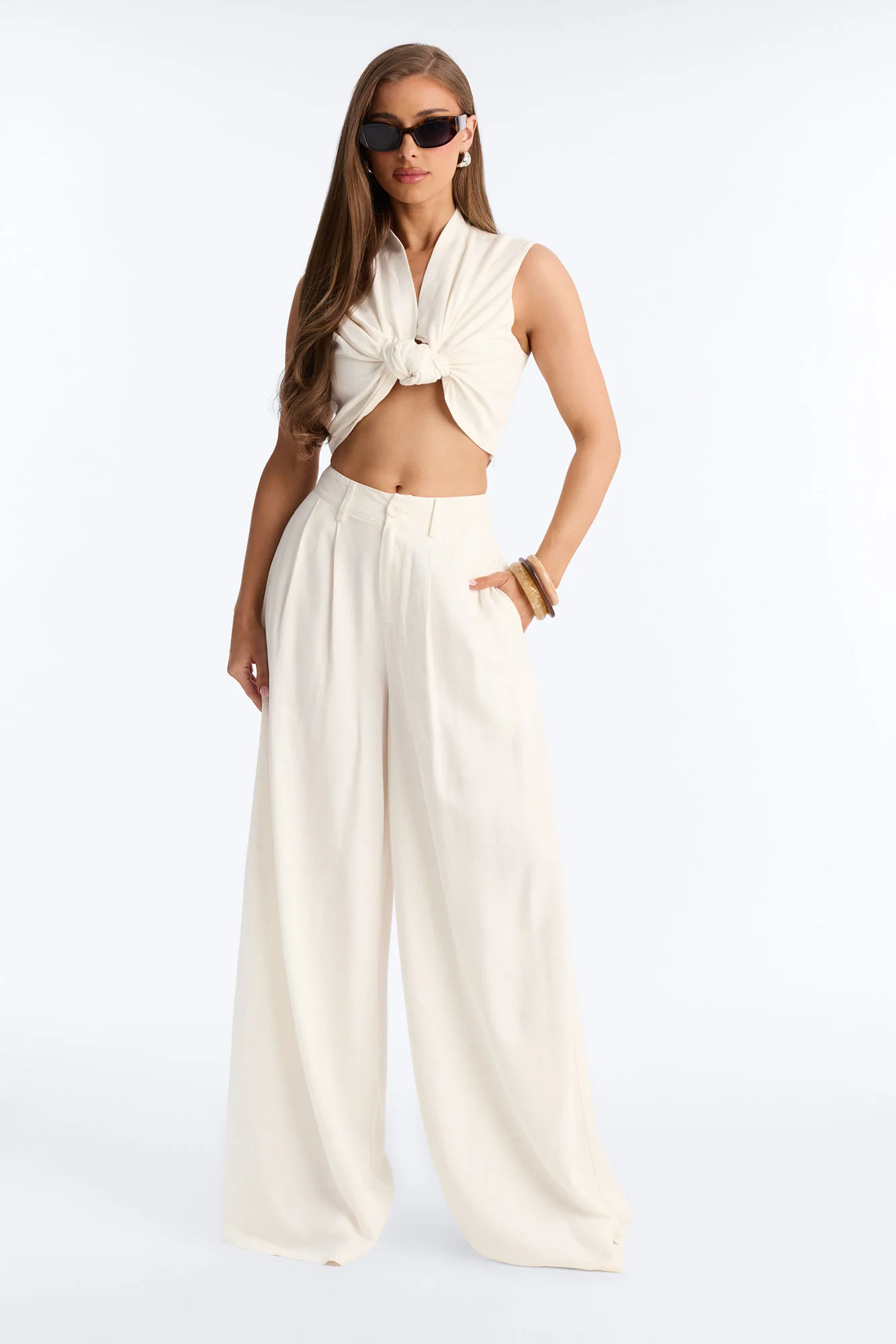 Margo Knotted Linen Pant Set - Ivory