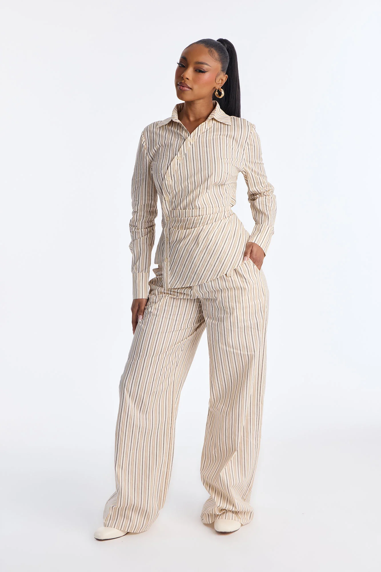 Margot Wrap Pinstripe Pant Set - Cream/combo