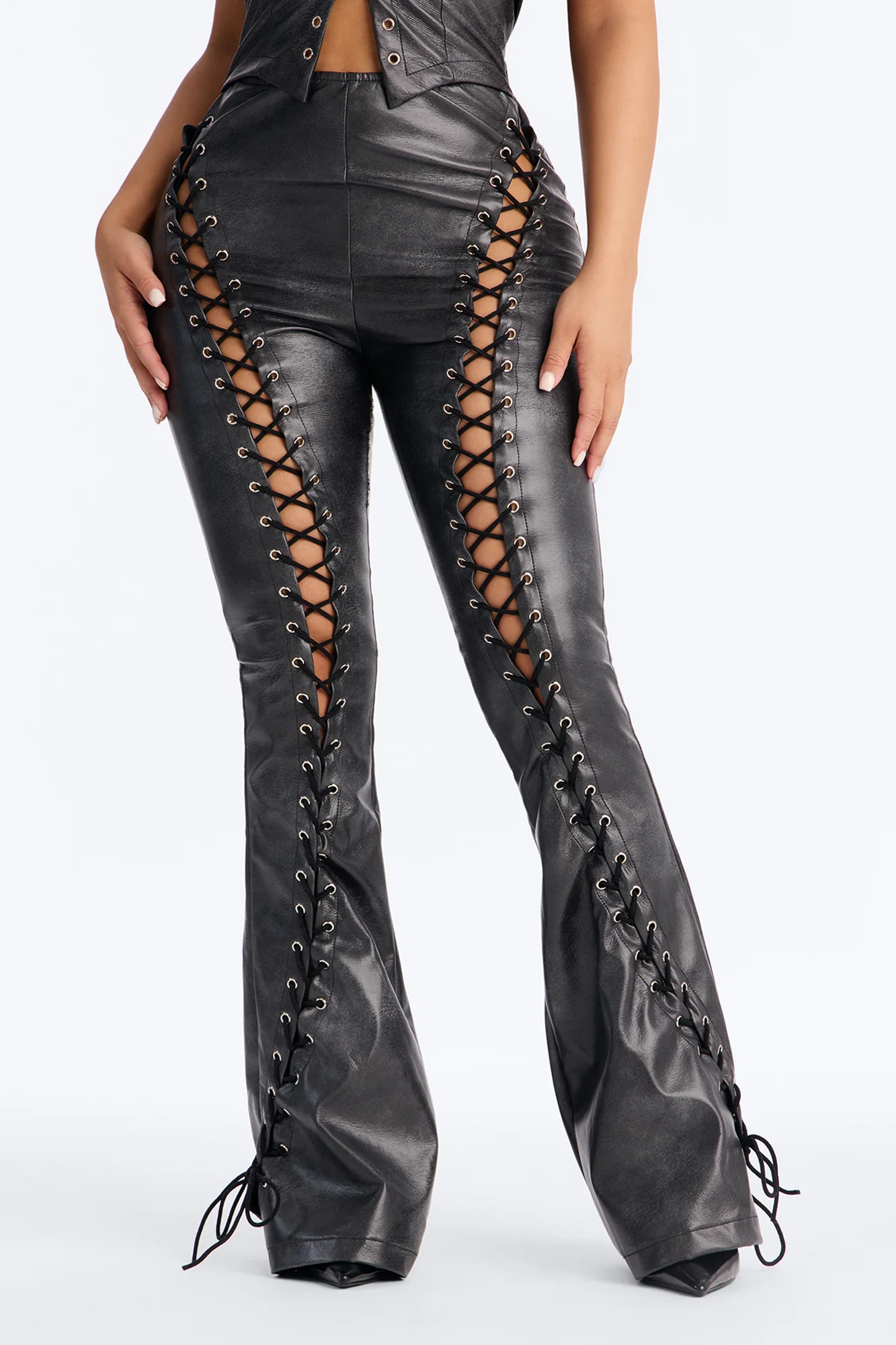 Maria Faux Leather Lace Up Jumpsuit - Black - Image 3