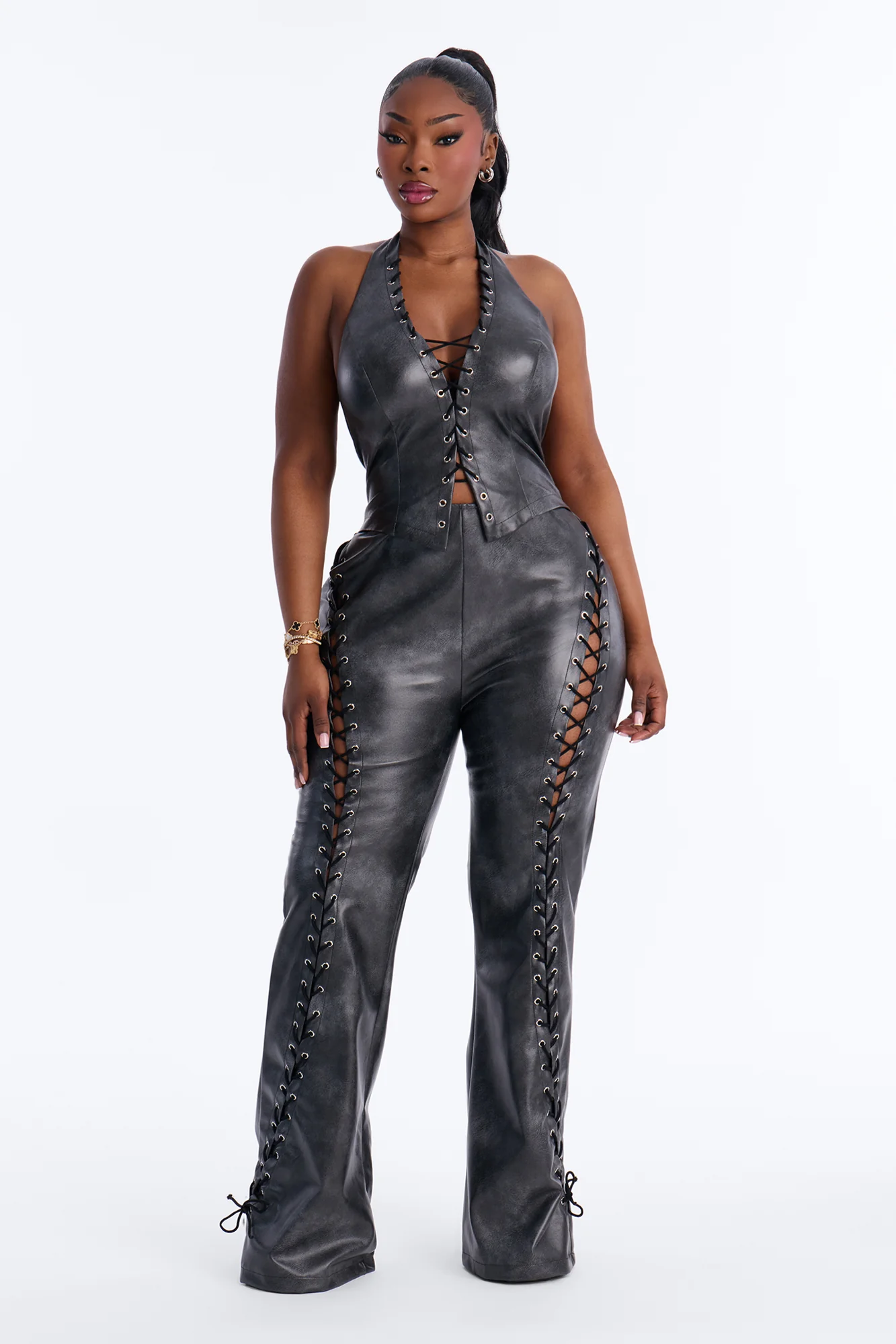 Maria Faux Leather Lace Up Jumpsuit - Black - Image 5