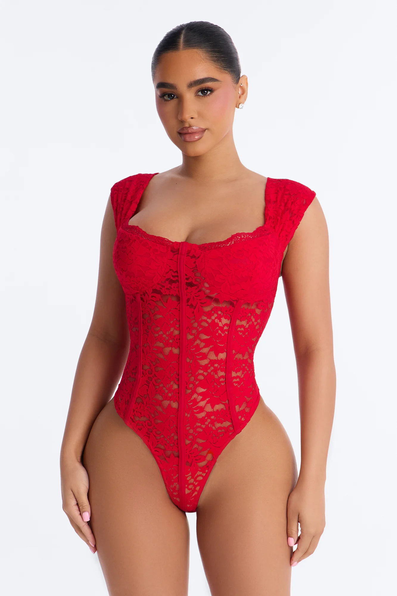 Maria Sheer Lace Short Sleeve Bodysuit - Red