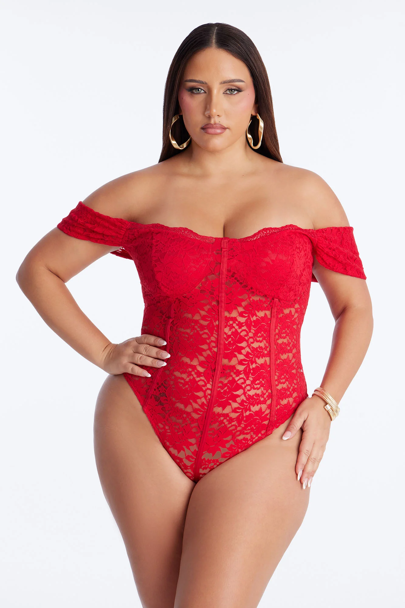 Maria Sheer Lace Short Sleeve Bodysuit - Red - Image 5