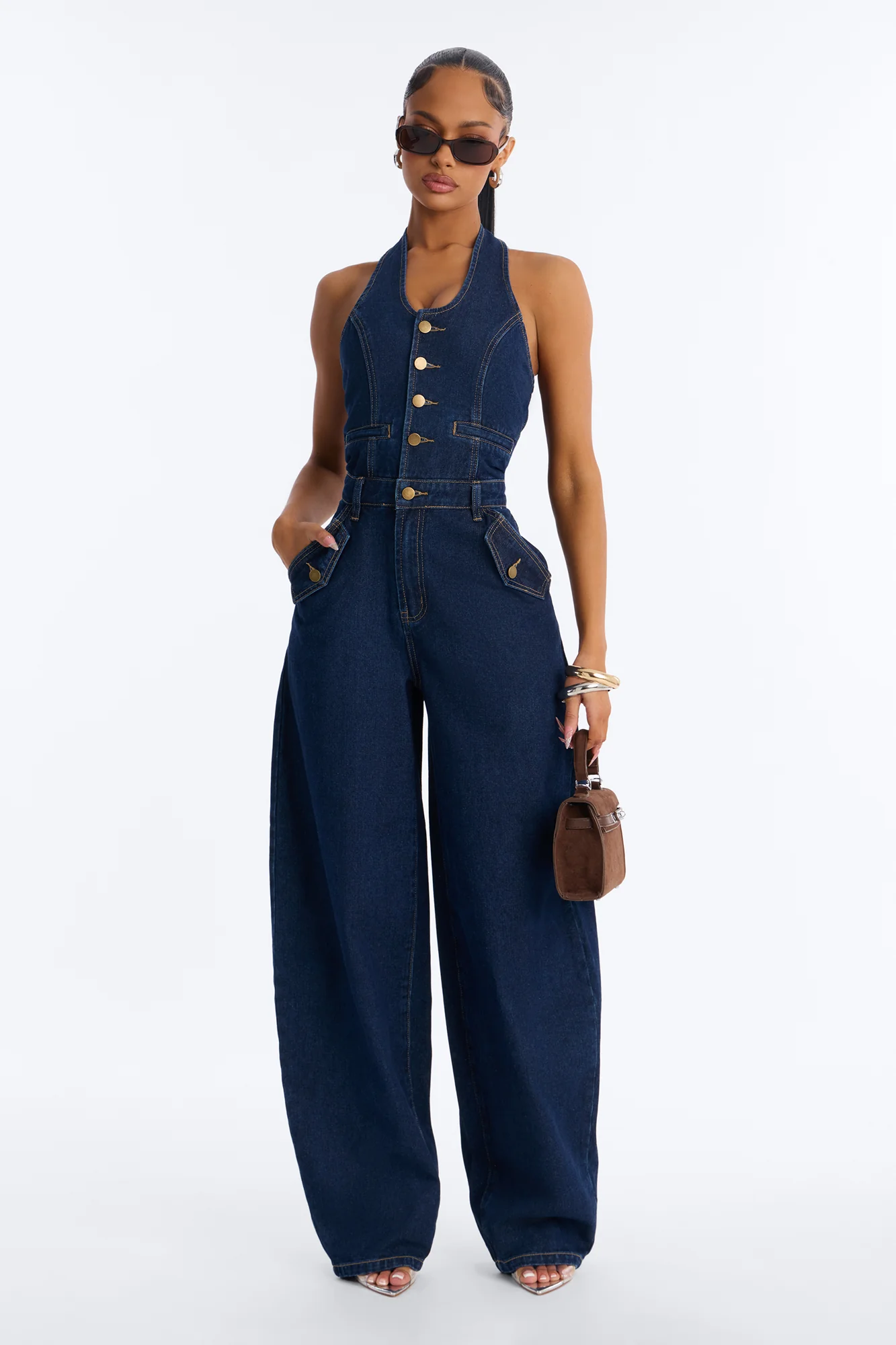 Mariah Denim Halter Wide Leg Jumpsuit - Dark Wash