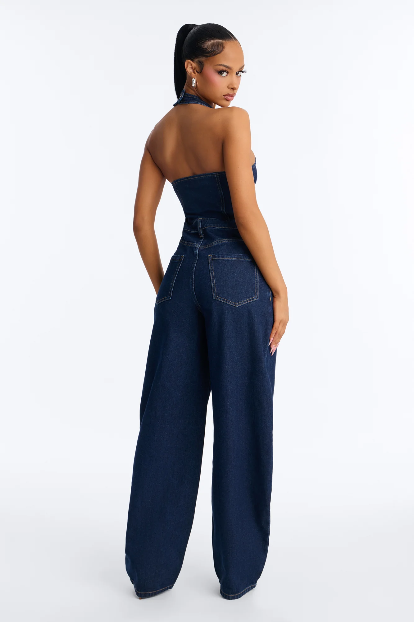 Mariah Denim Halter Wide Leg Jumpsuit - Dark Wash - Image 4