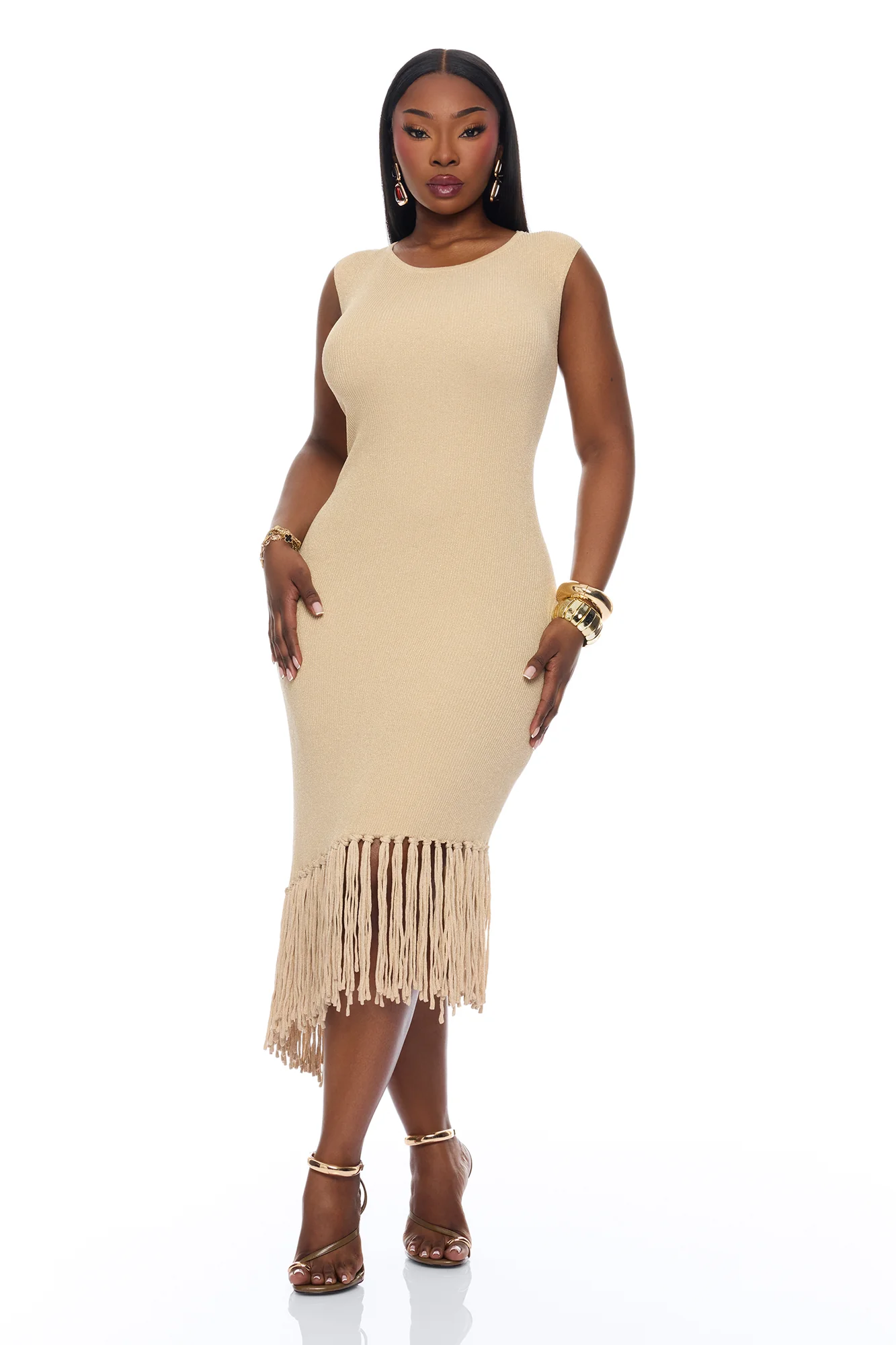 Mariah Fringe Metallic Knit Midi Dress - Gold - Image 5
