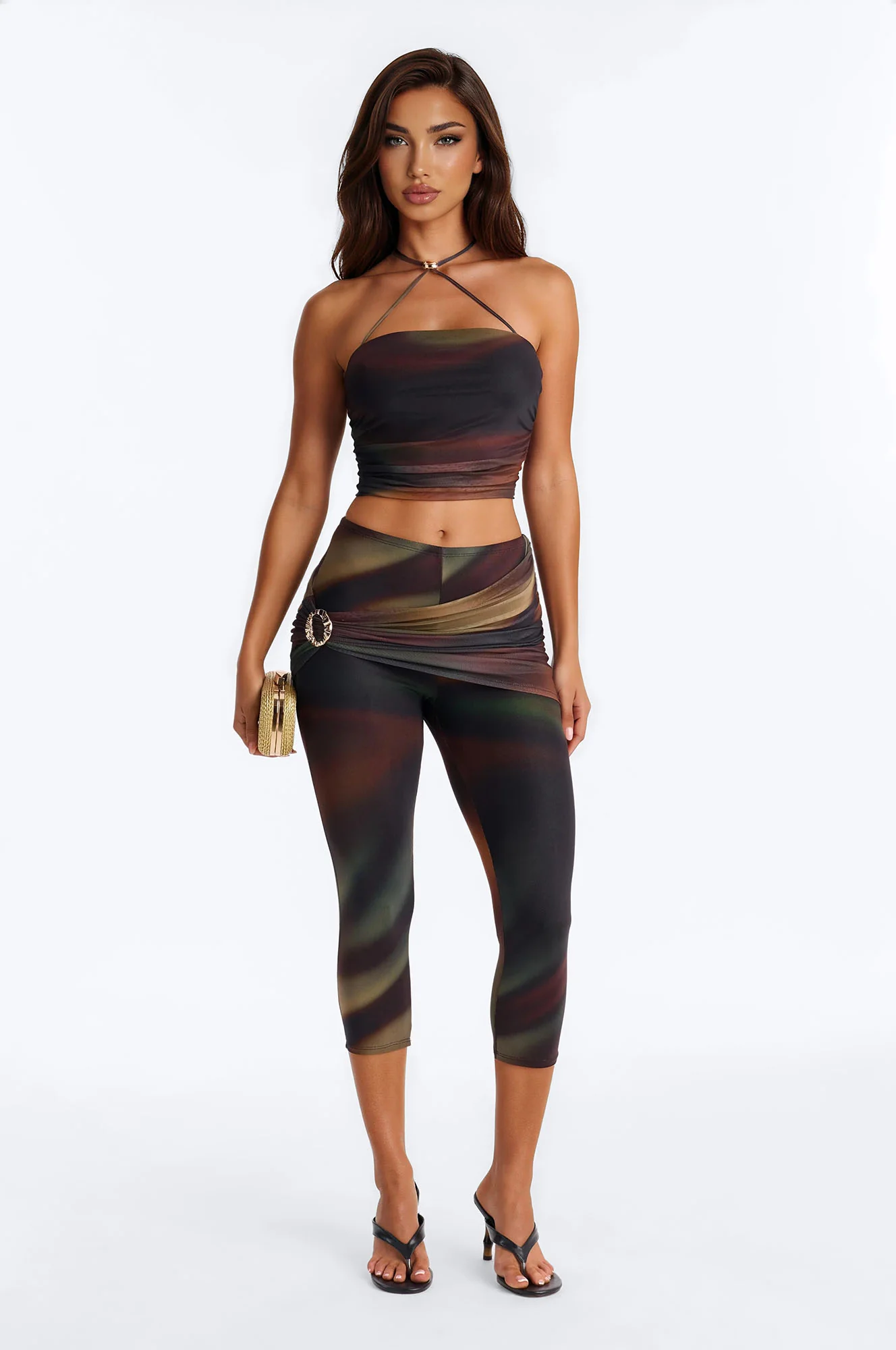 Mariah Halter Mesh Capri Set - Chocolate/Combo