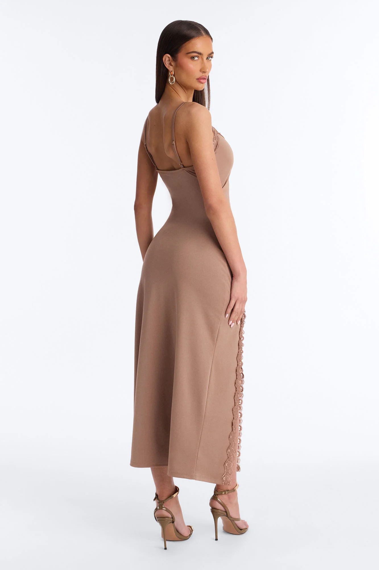 Mariana Lace Trim Midi Dress - Mocha - Image 4