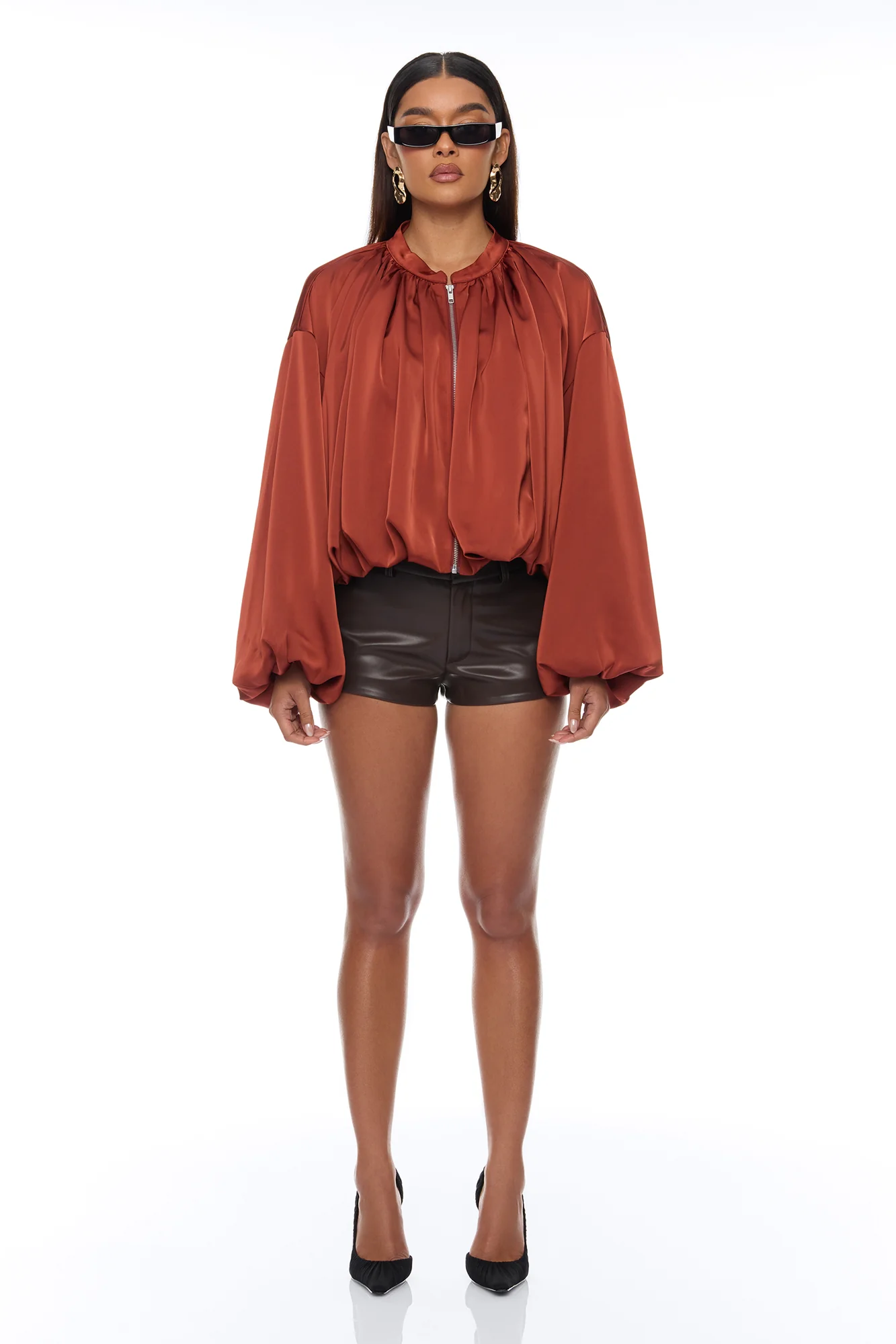 Marianna Balloon Sleeve Satin Jacket - Cognac - Image 2