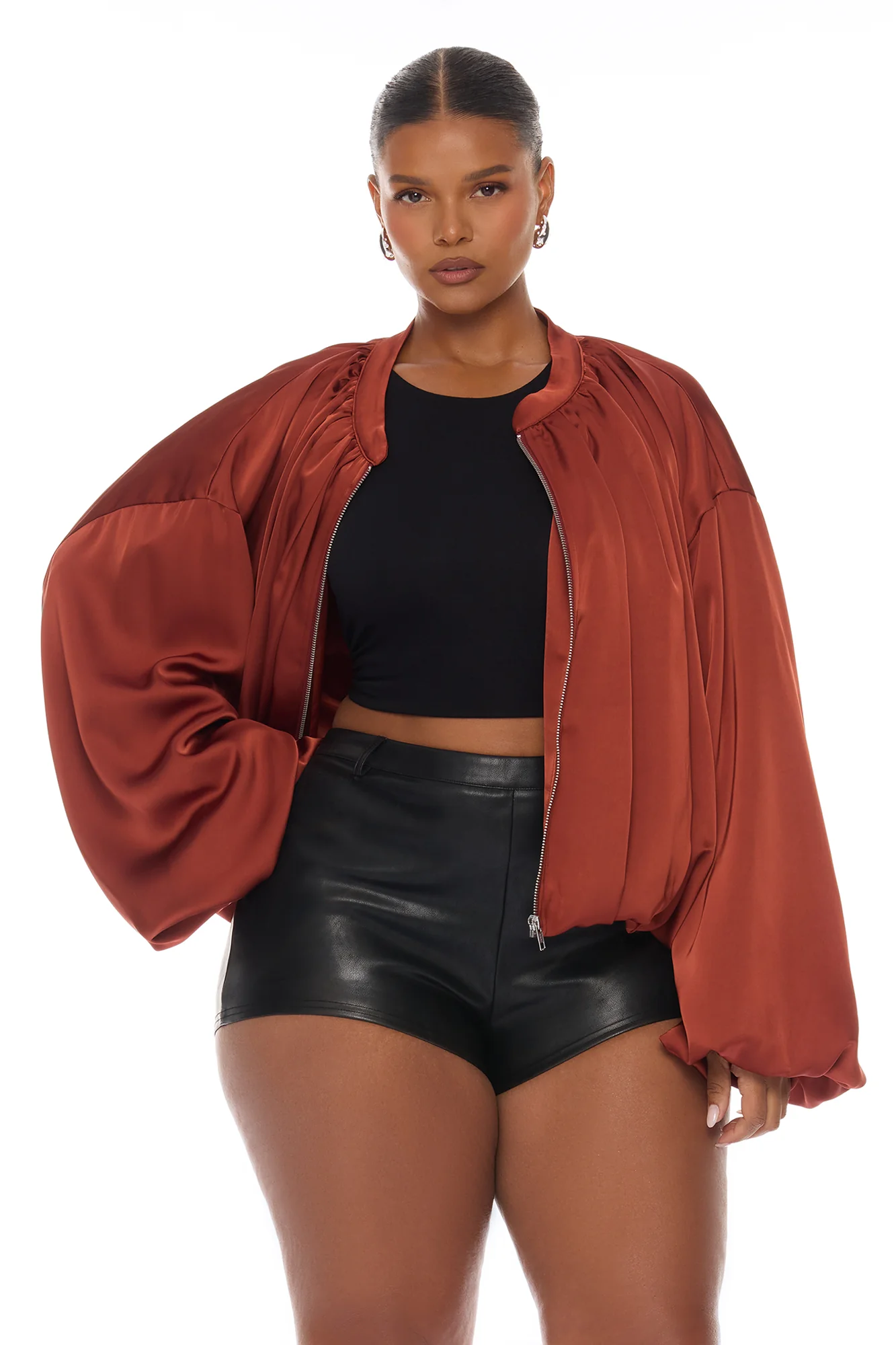 Marianna Balloon Sleeve Satin Jacket - Cognac - Image 7