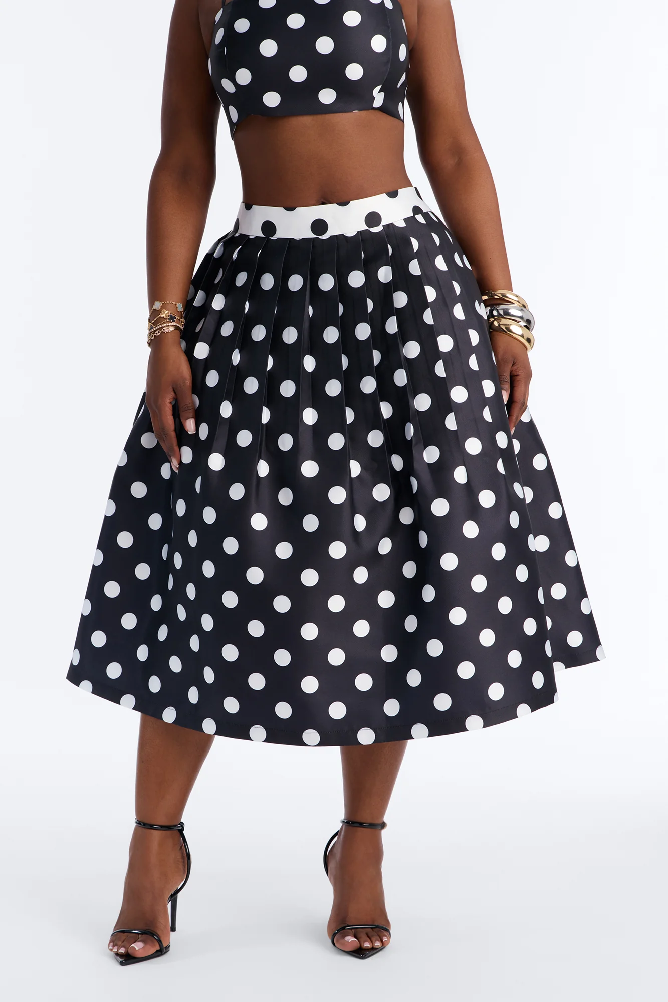 Marielle Pleated Polka Dot Midi Skirt - Black/White - Image 6