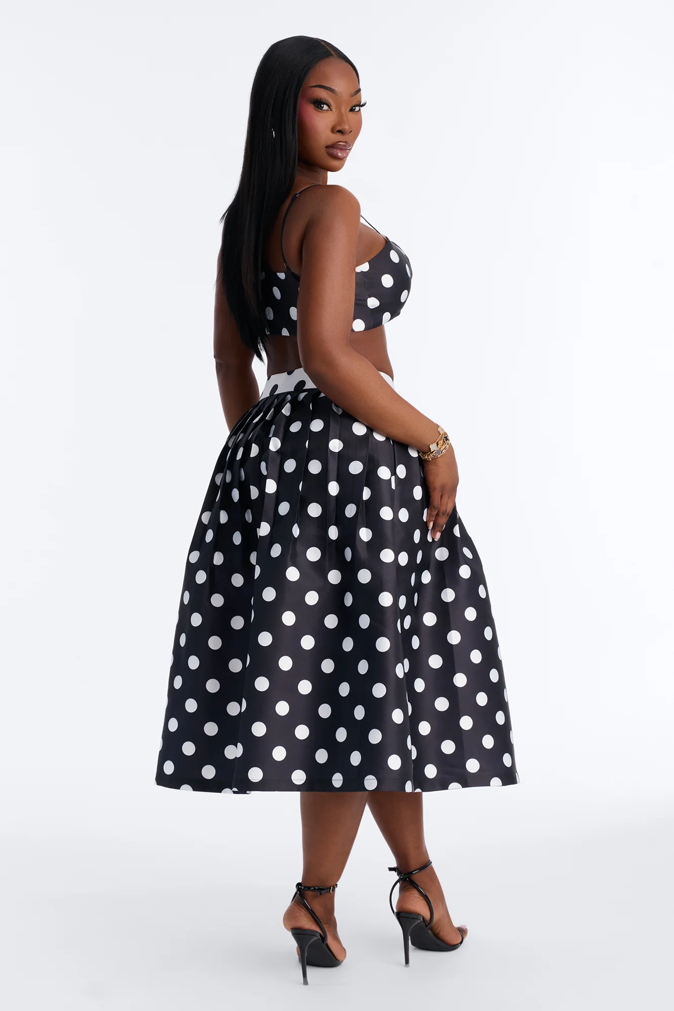 Marielle Pleated Polka Dot Midi Skirt - Black/White - Image 7