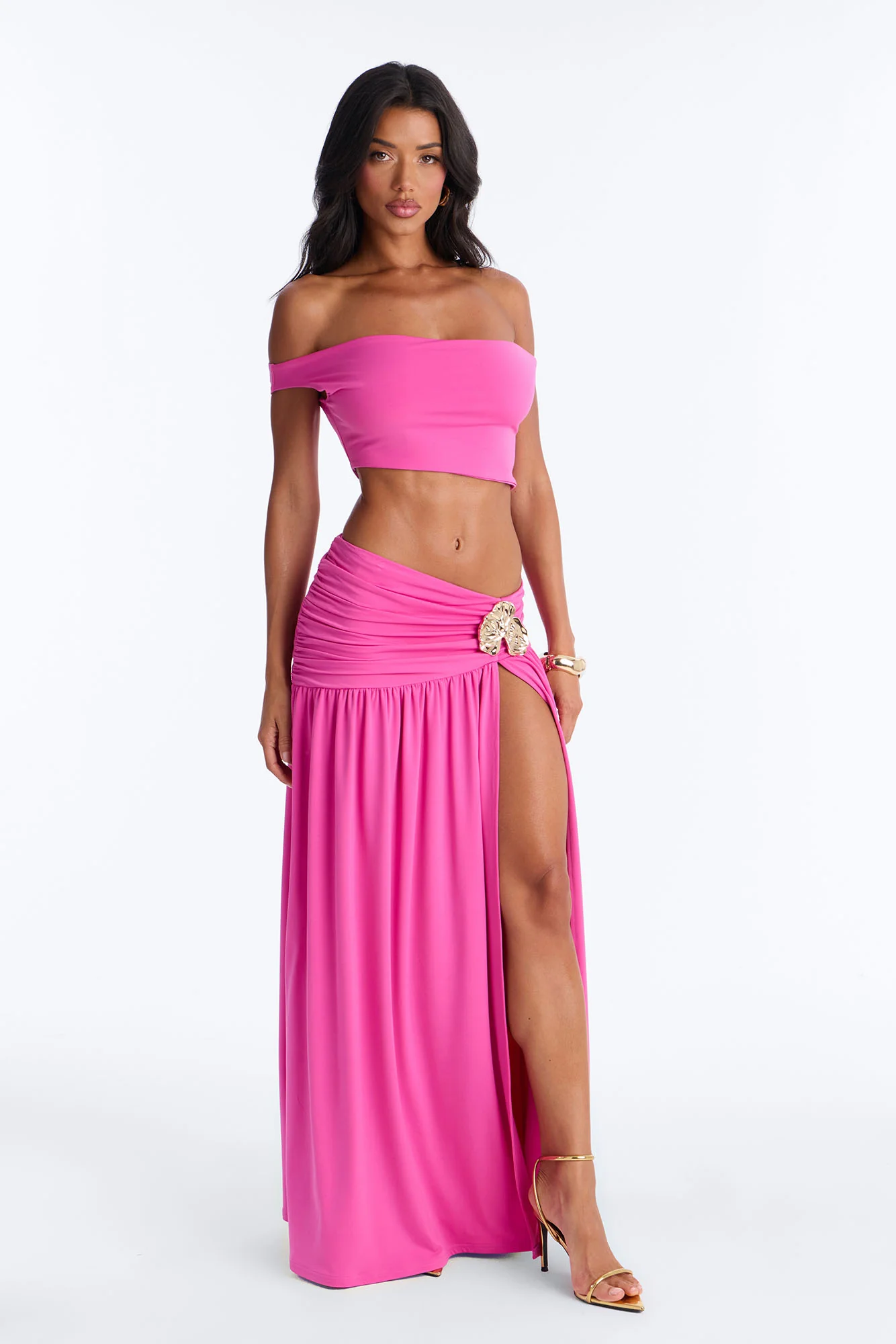 Marilyn Off Shoulder High Slit Maxi Skirt Set - Magenta