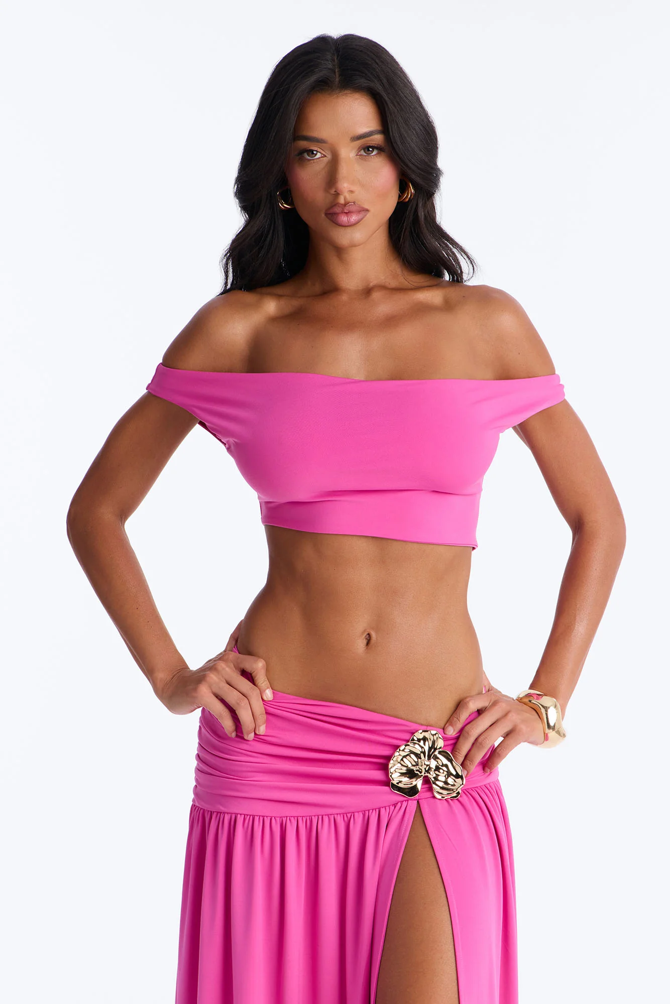 Marilyn Off Shoulder High Slit Maxi Skirt Set - Magenta - Image 2