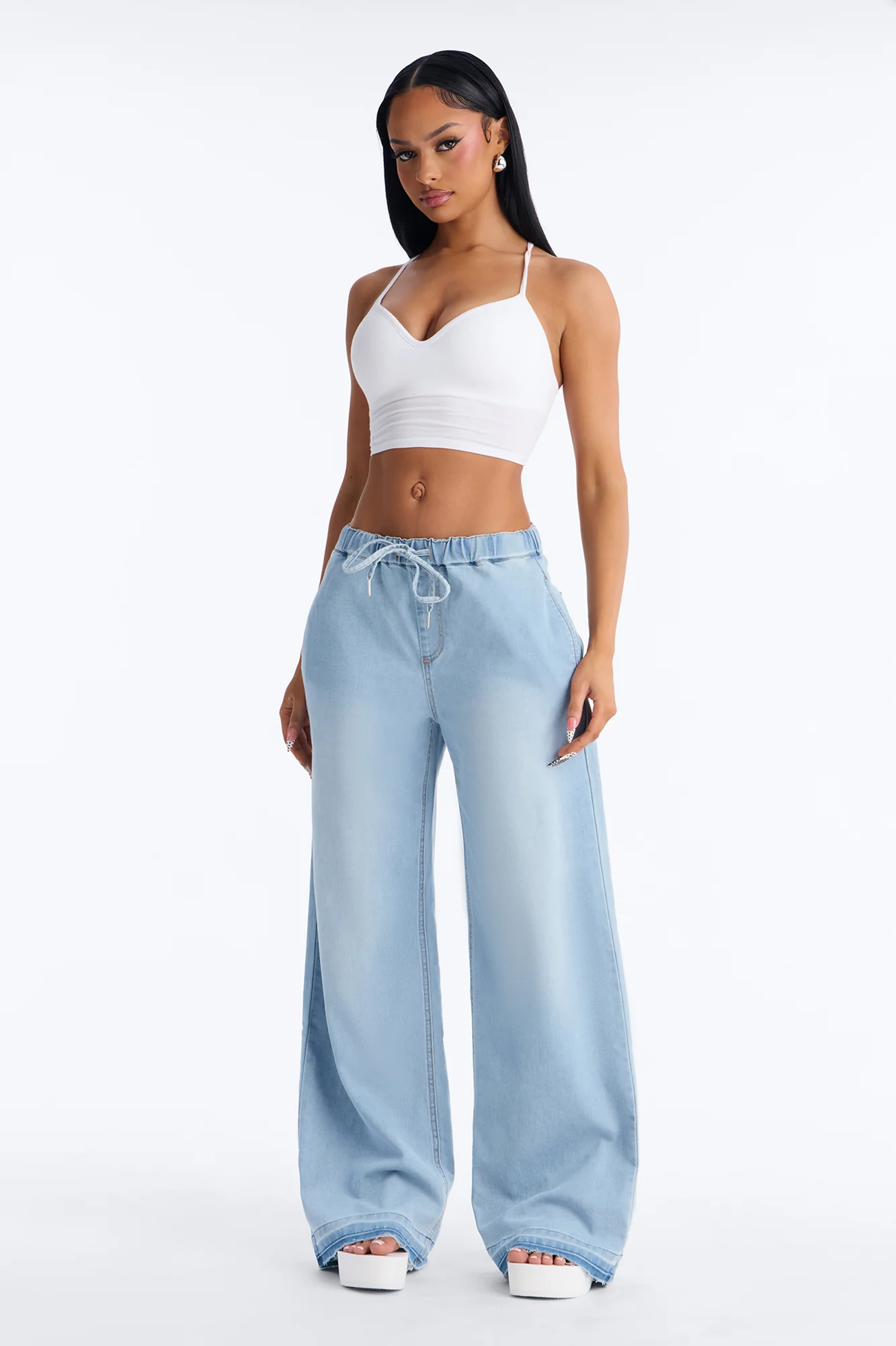 Marina Stretch Crosshatch Tie Waist Jeans - Light Blue Wash