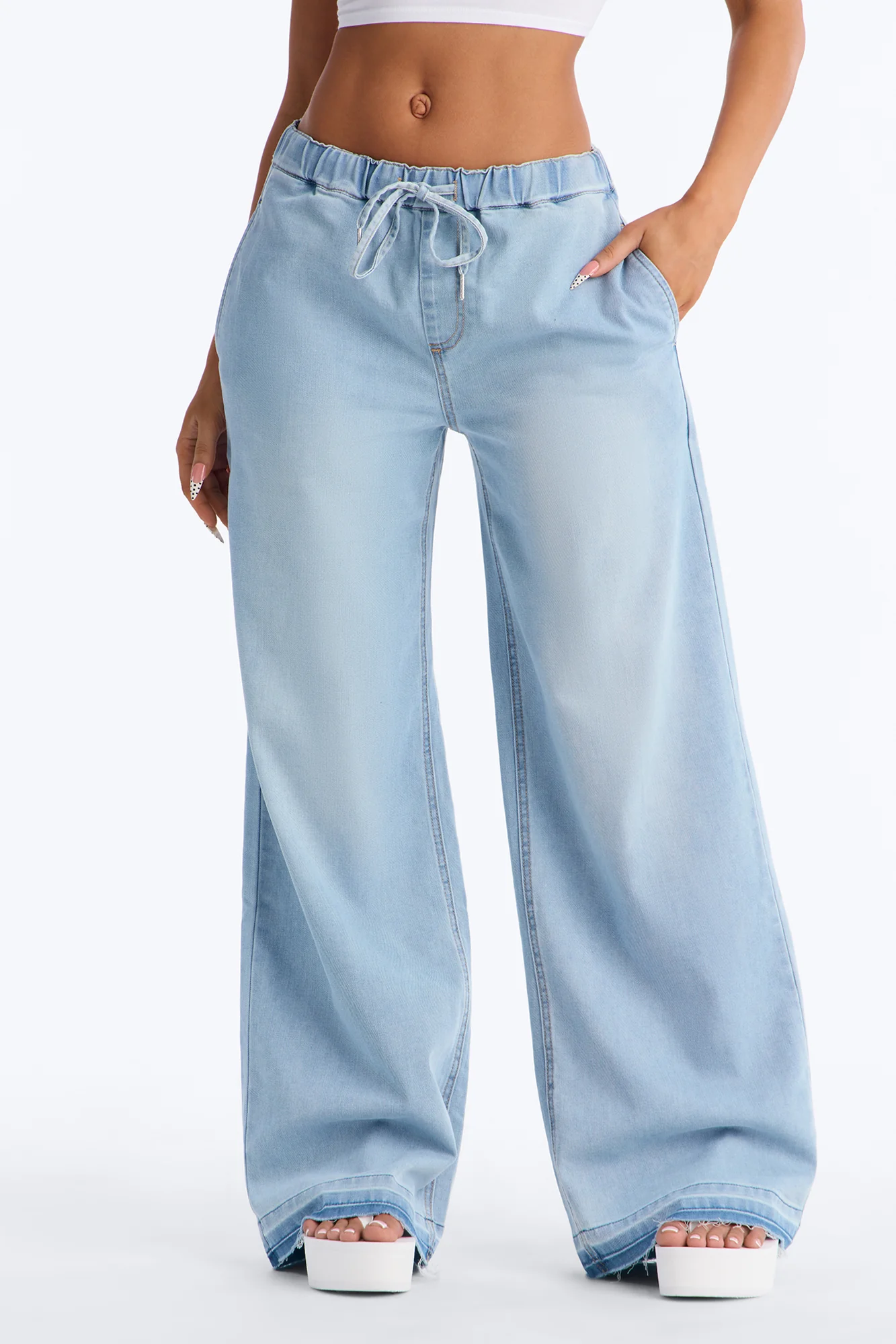 Marina Stretch Crosshatch Tie Waist Jeans - Light Blue Wash - Image 2