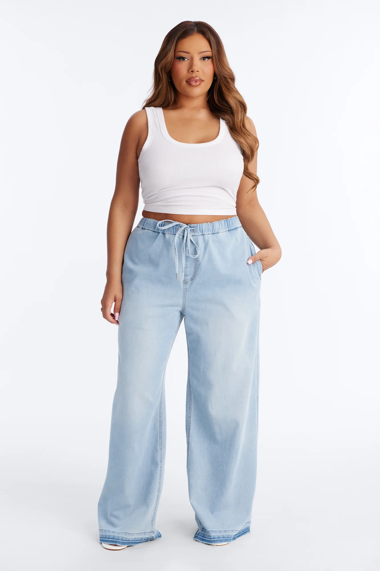 Marina Stretch Crosshatch Tie Waist Jeans - Light Blue Wash - Image 4