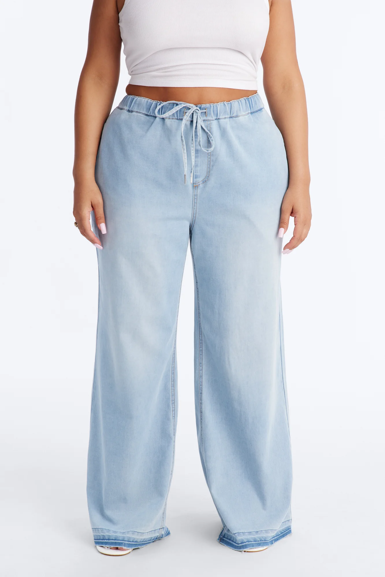 Marina Stretch Crosshatch Tie Waist Jeans - Light Blue Wash - Image 5