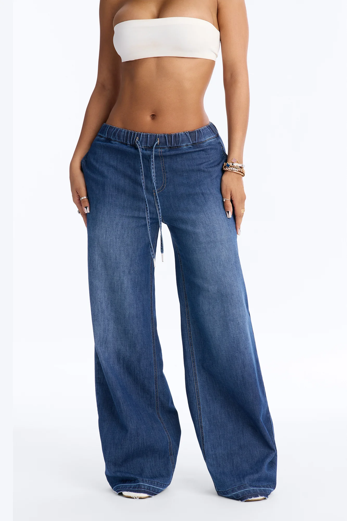 Marina Stretch Crosshatch Tie Waist Jeans - Medium Wash - Image 2