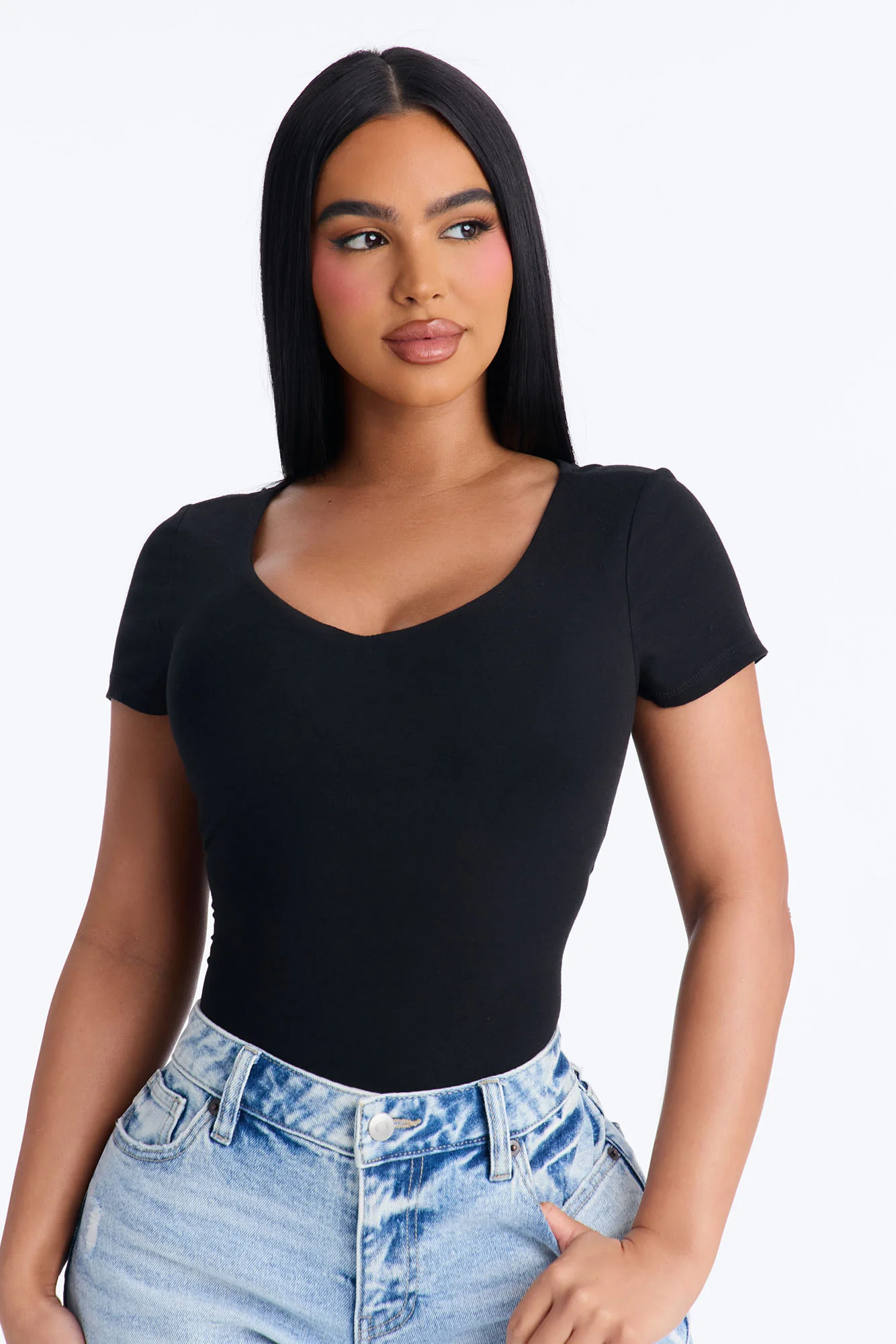 Marion Double Lined V Neck Bodysuit - Black - Image 3
