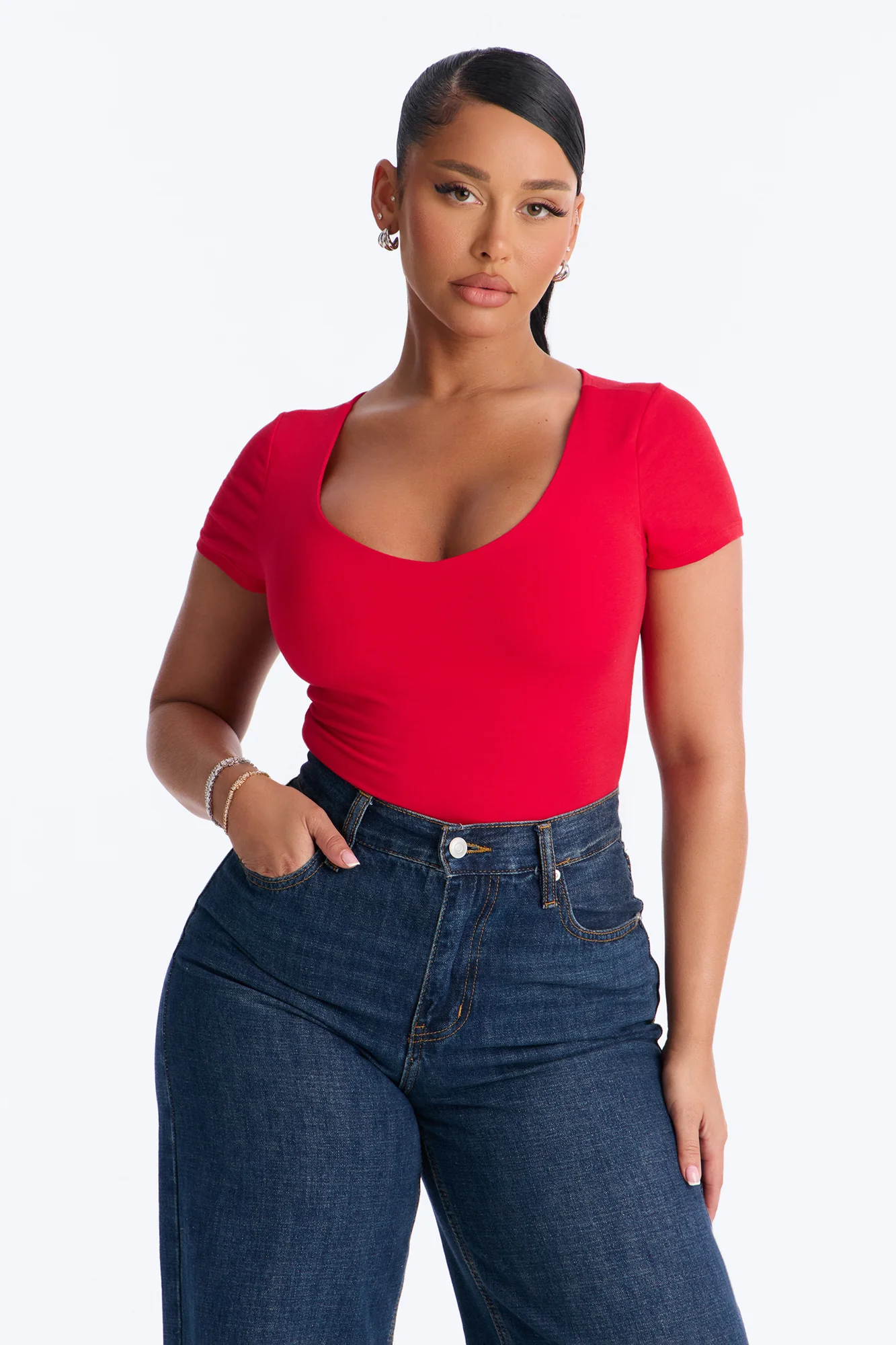 Marion Double Lined V Neck Bodysuit - Red - Image 3