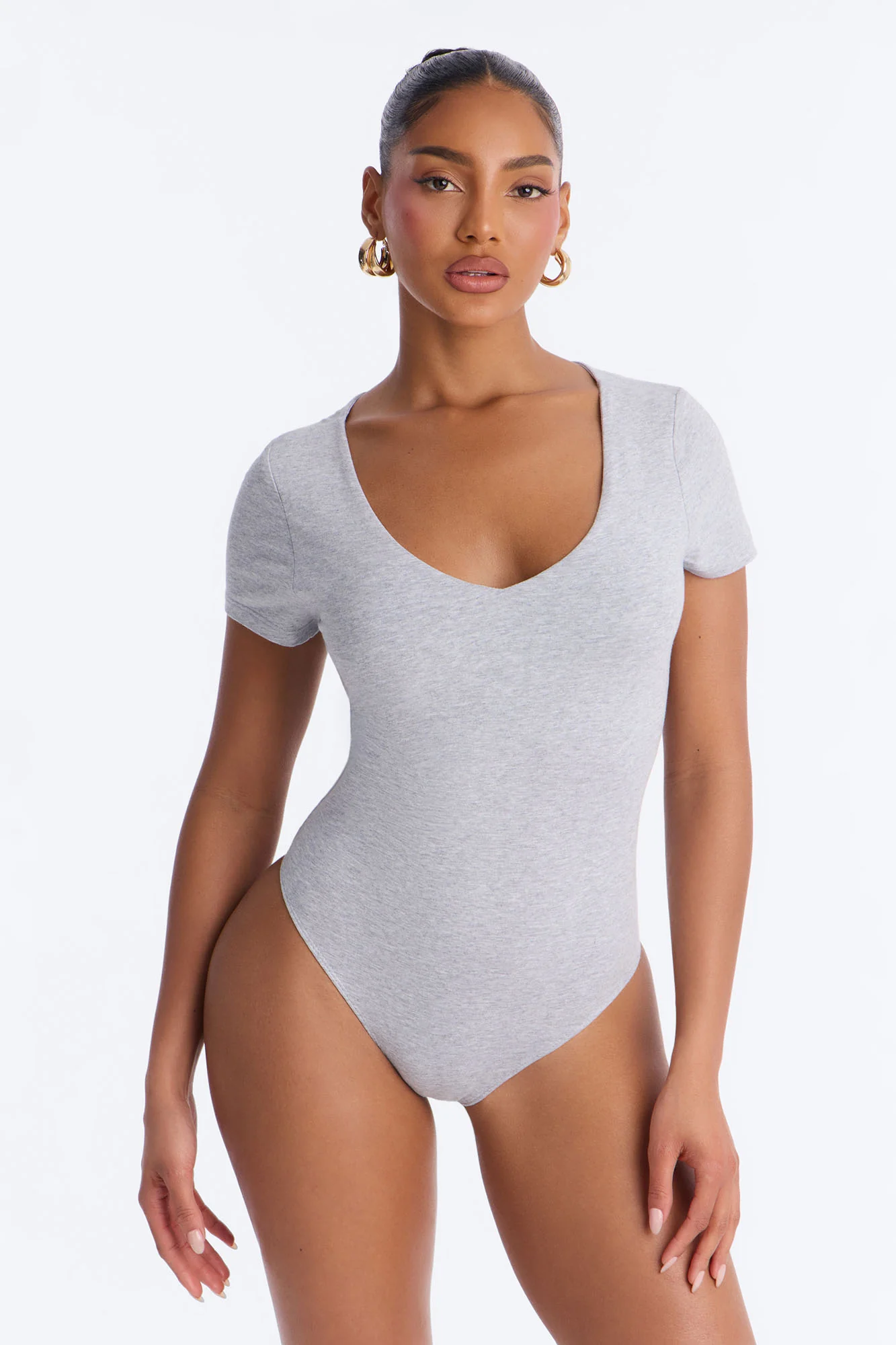 Marion Double Lined V Neck Bodysuit - Heather Grey