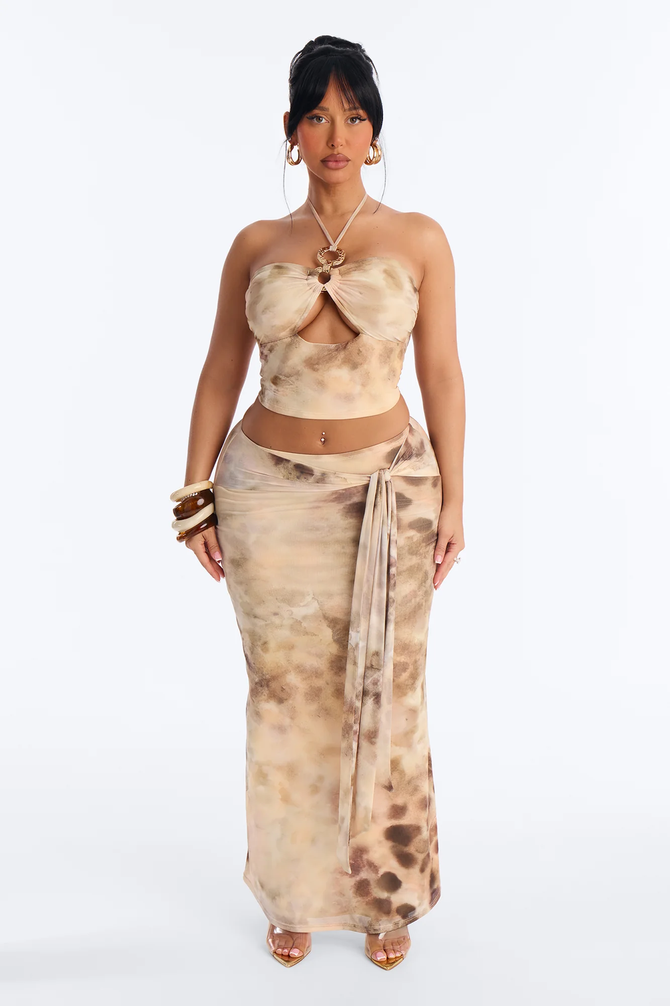 Marisel Mesh Maxi Skirt Set - Taupe