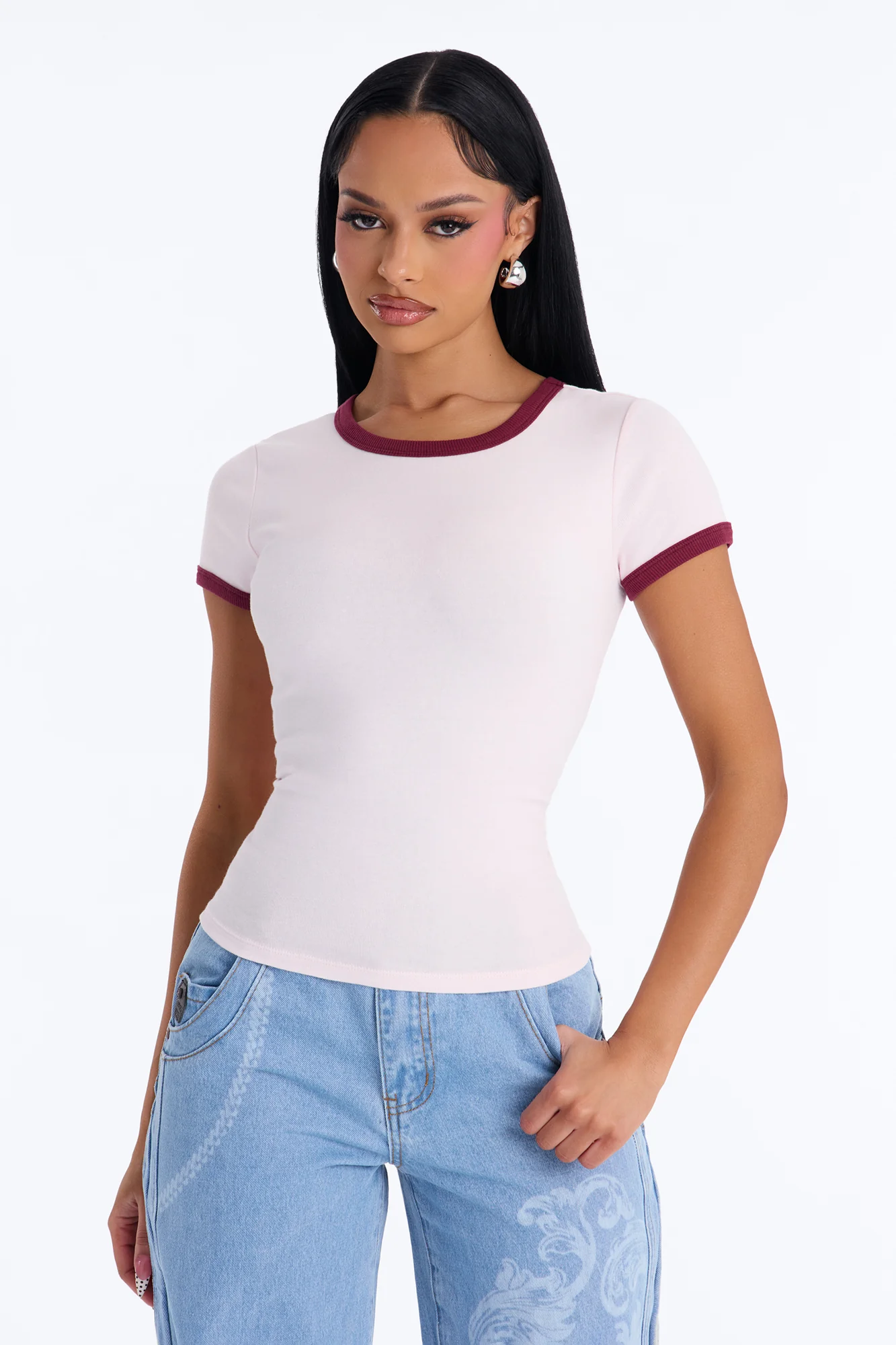 Marissa Crew Neck Contrast Short Sleeve Top - Pink/combo