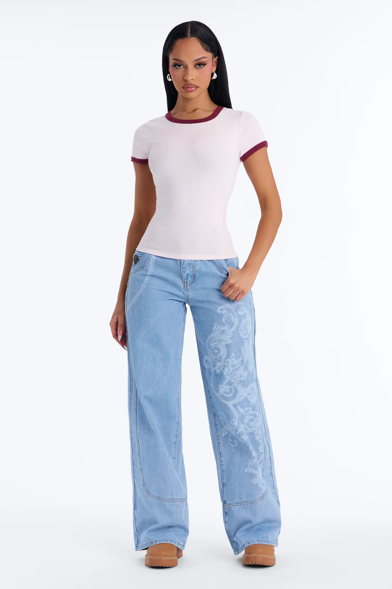 Marissa Crew Neck Contrast Short Sleeve Top - Pink/combo - Image 2