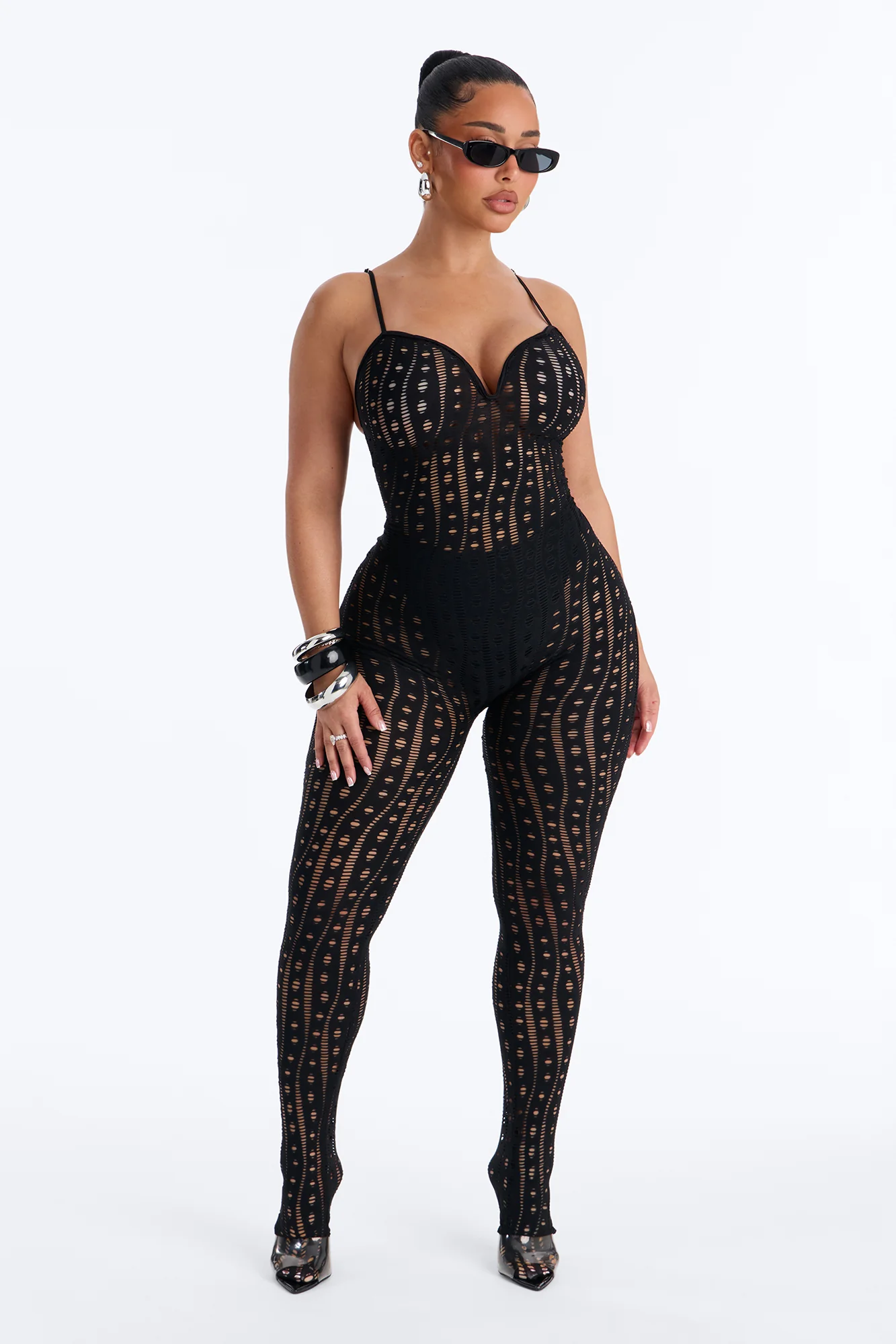 Mariyana Fishnet Skinny Leg Jumpsuit - Black