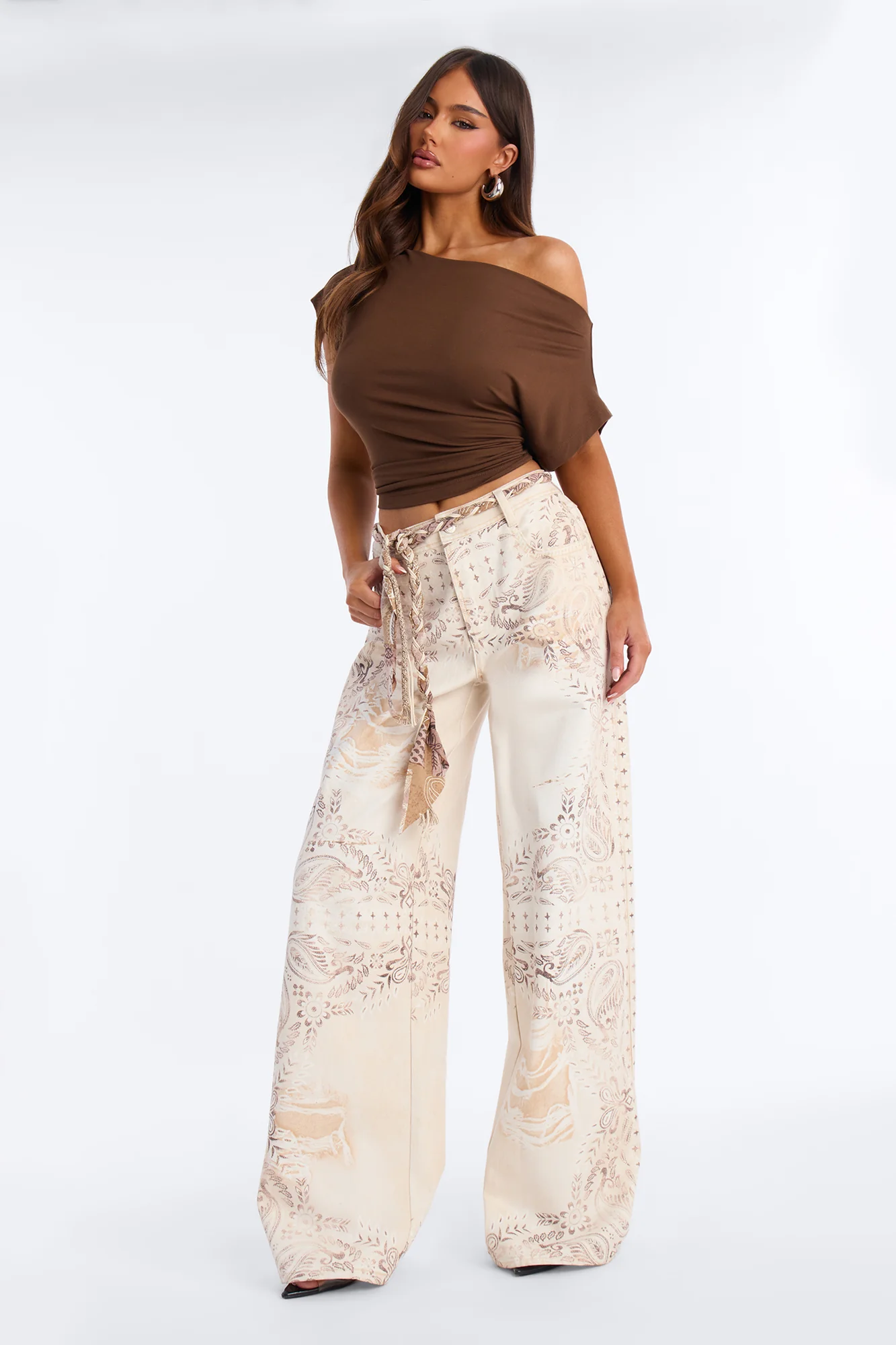 Marlowe Mid Rise Belted Wide Leg Pant 34″ - Cream/combo