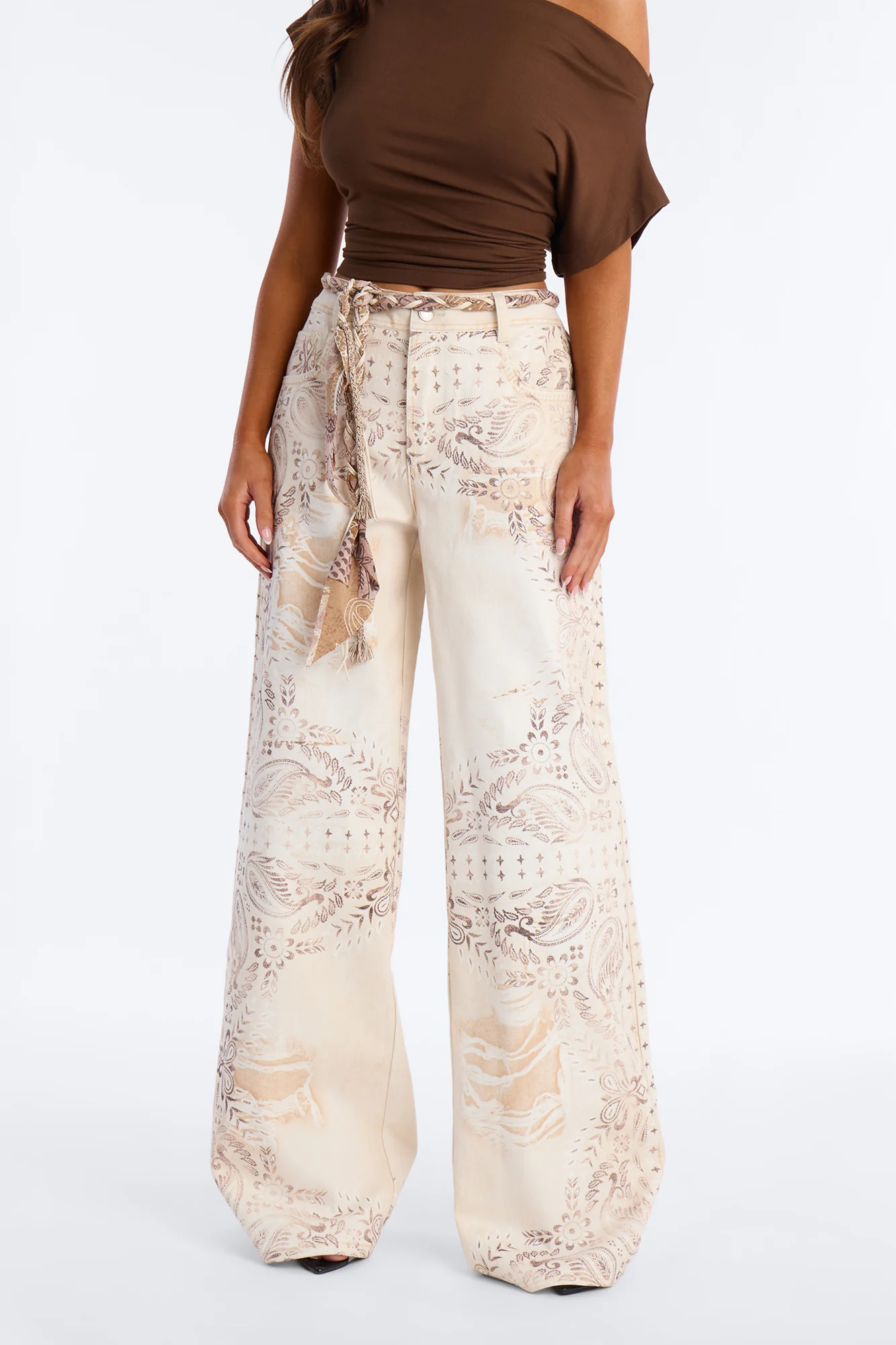 Marlowe Mid Rise Belted Wide Leg Pant 34″ - Cream/combo - Image 2