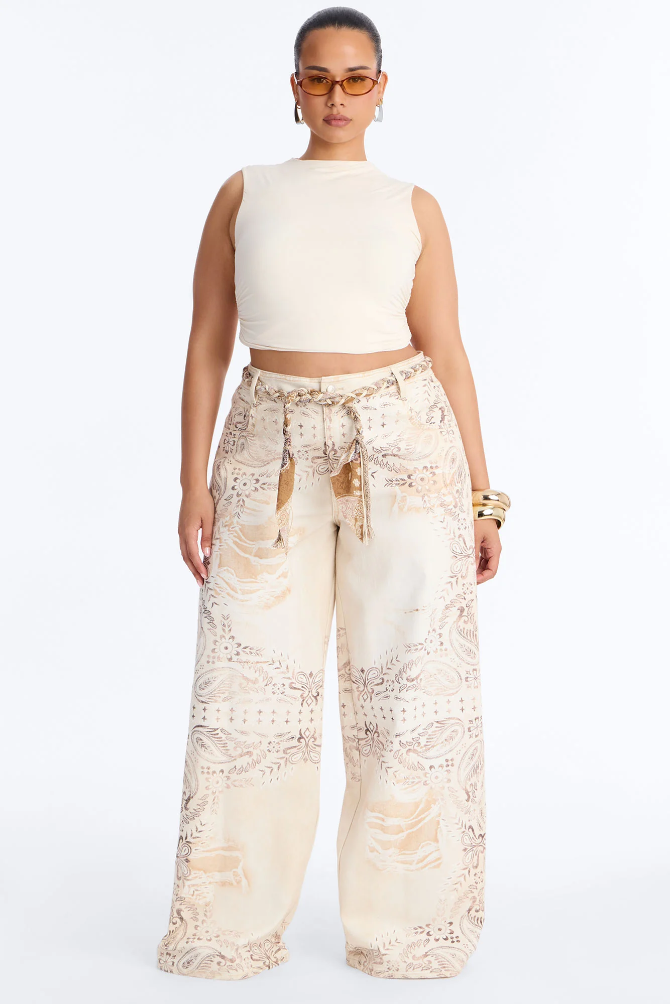 Marlowe Mid Rise Belted Wide Leg Pant 34″ - Cream/combo - Image 5