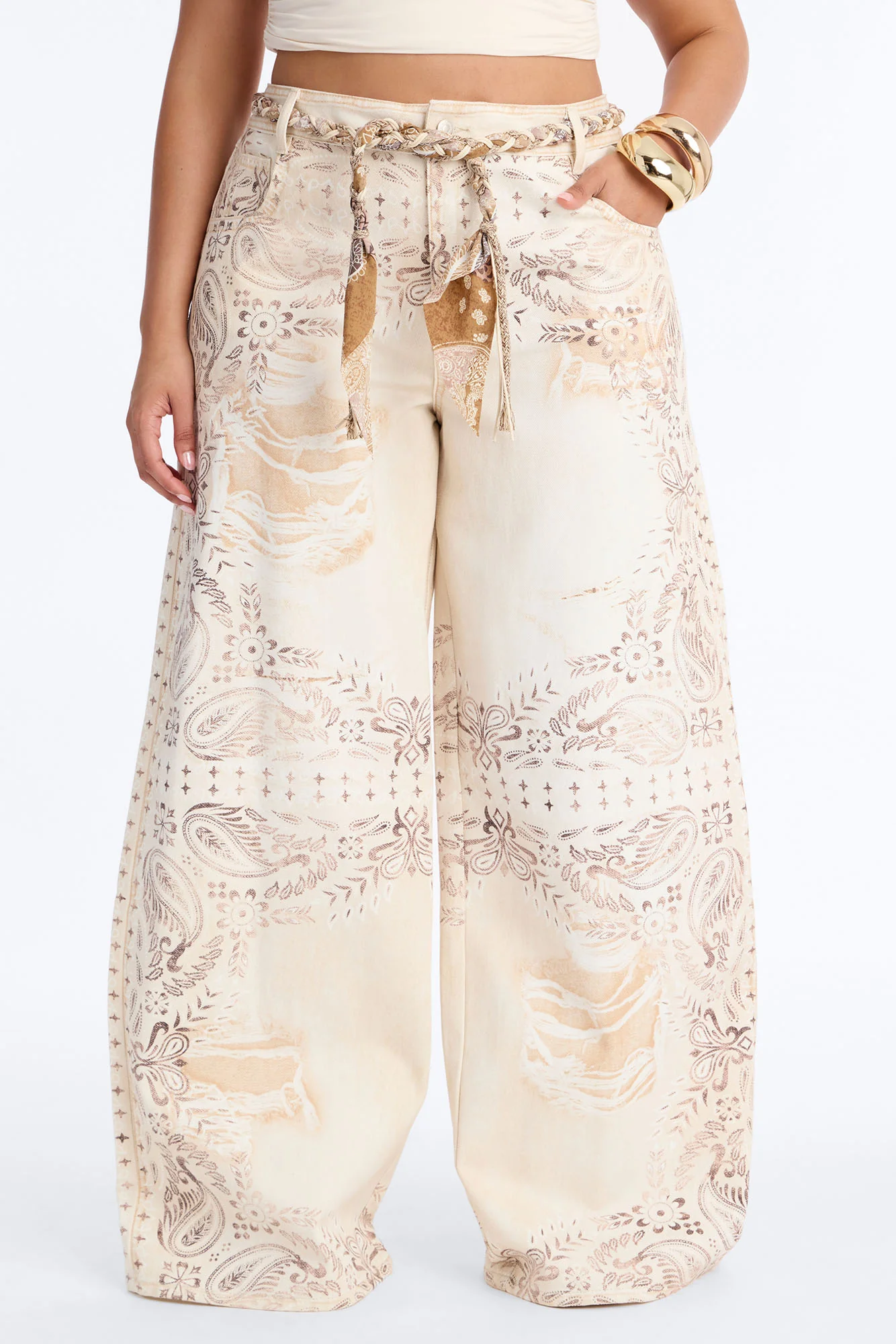 Marlowe Mid Rise Belted Wide Leg Pant 34″ - Cream/combo - Image 6