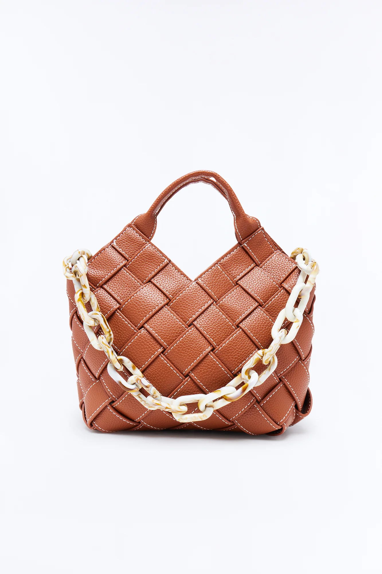 Martini On Hand Woven Faux Leather Satchel Handbag - Cognac - Image 3