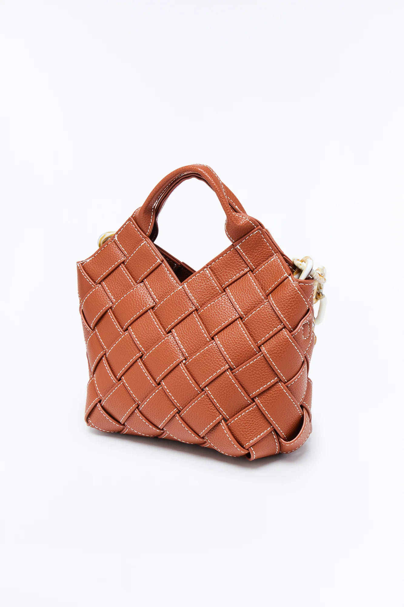 Martini On Hand Woven Faux Leather Satchel Handbag - Cognac - Image 4