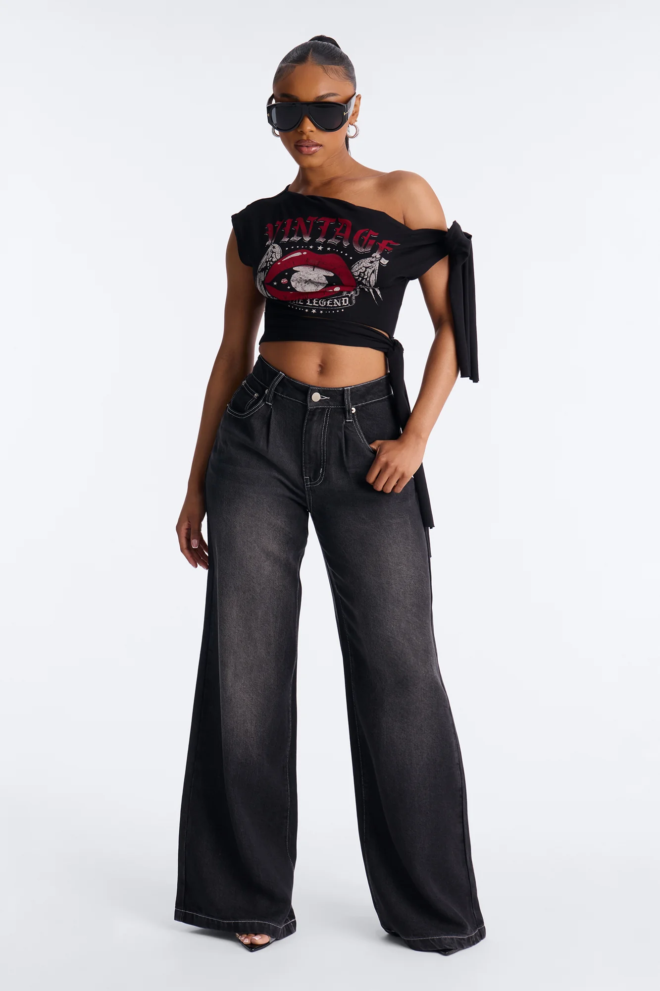 Martinique High Rise Drapey Wide Leg Denim - Black