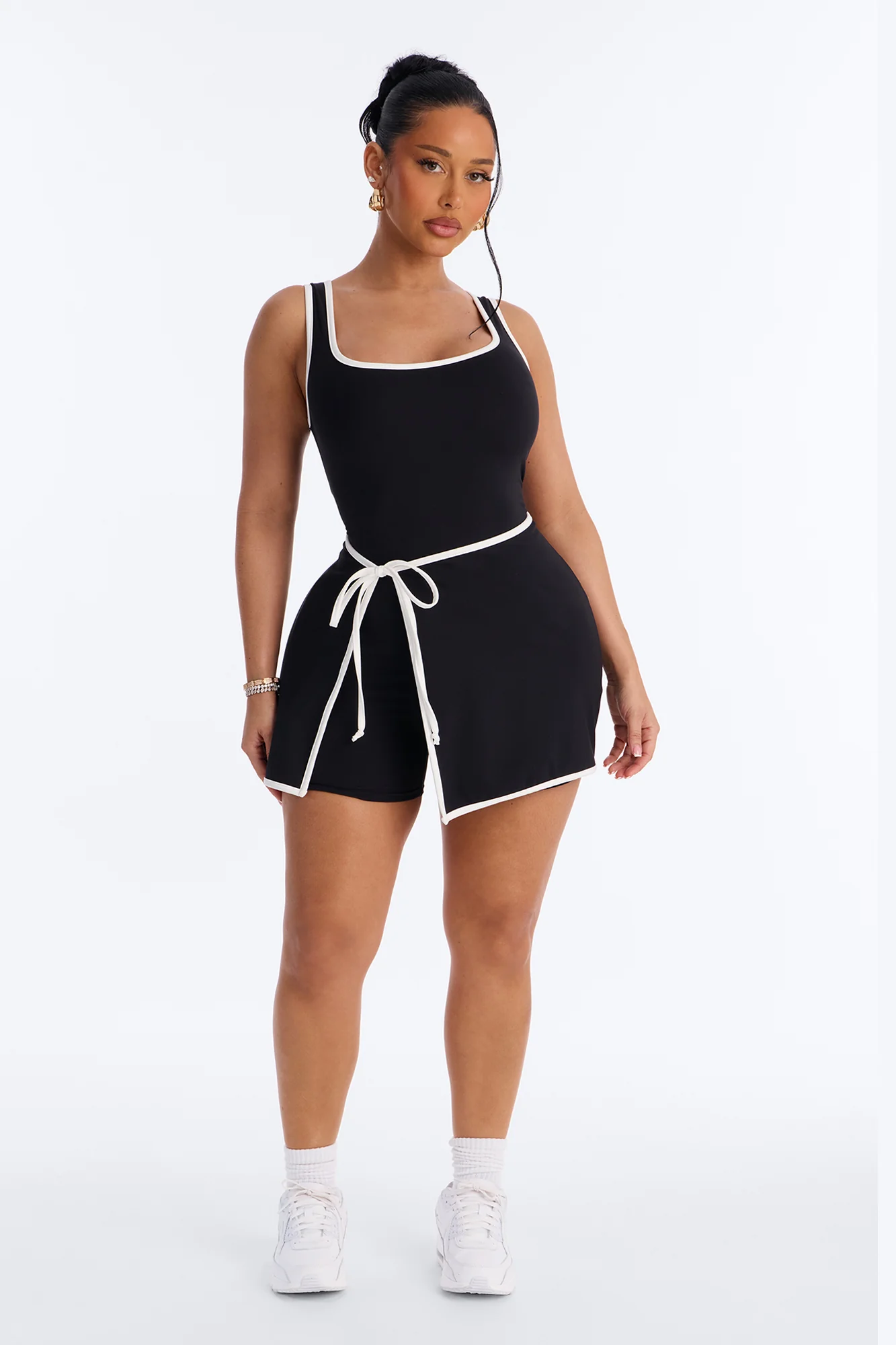 Match Point Tie Waist Romper - Black