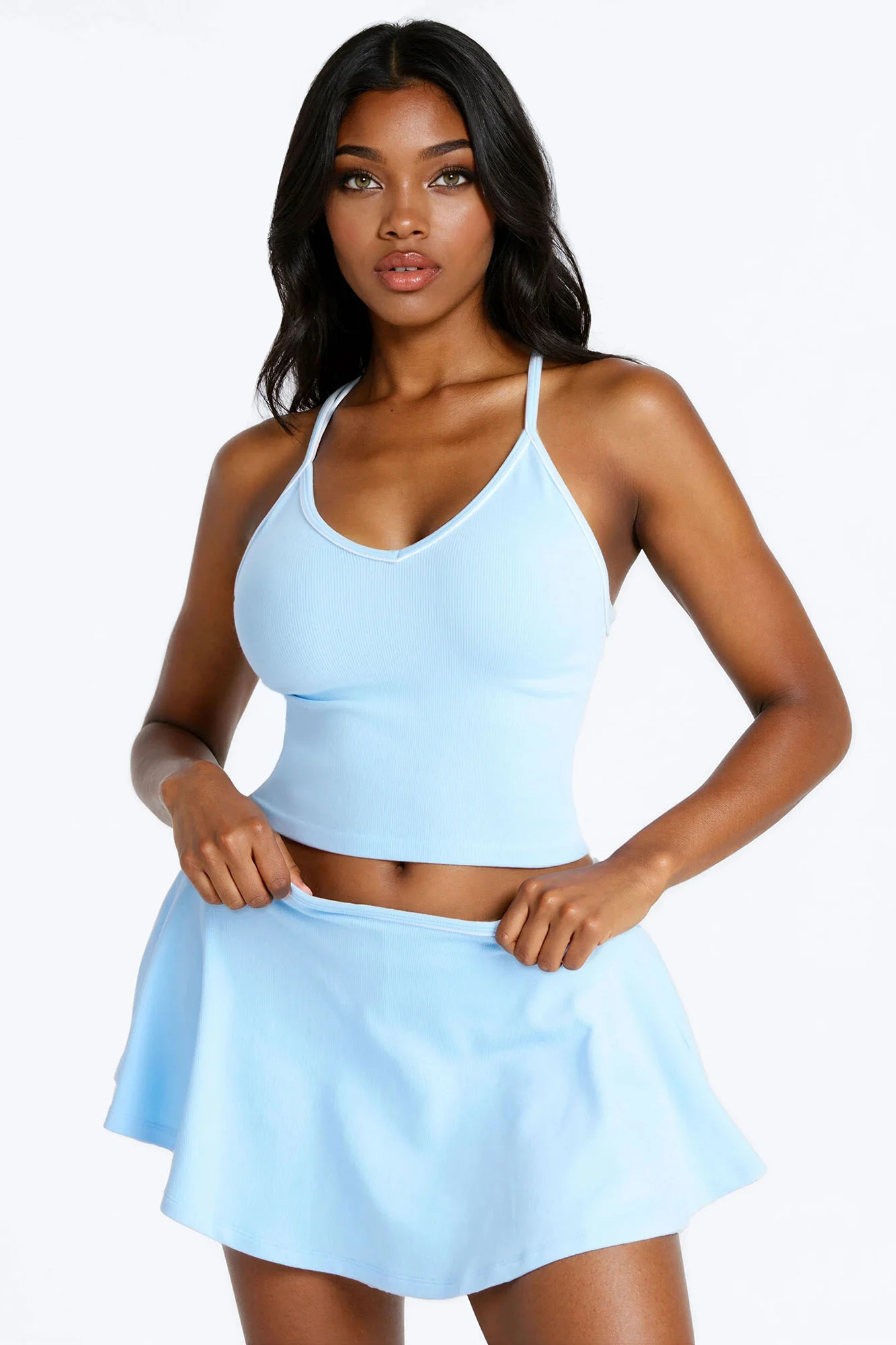 Match The Vibes Ribbed Mini Skirt Set - Light Blue - Image 2