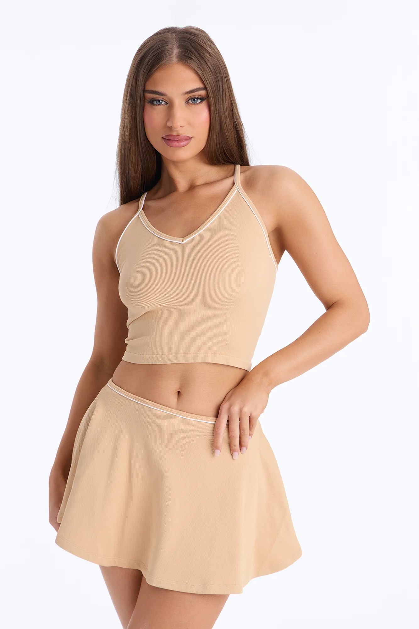 Match The Vibes Ribbed Mini Skirt Set - Sand - Image 2