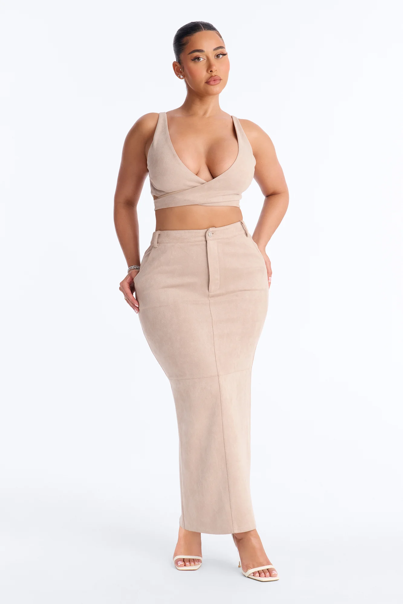Maxine Faux Suede Skirt Set - Stone